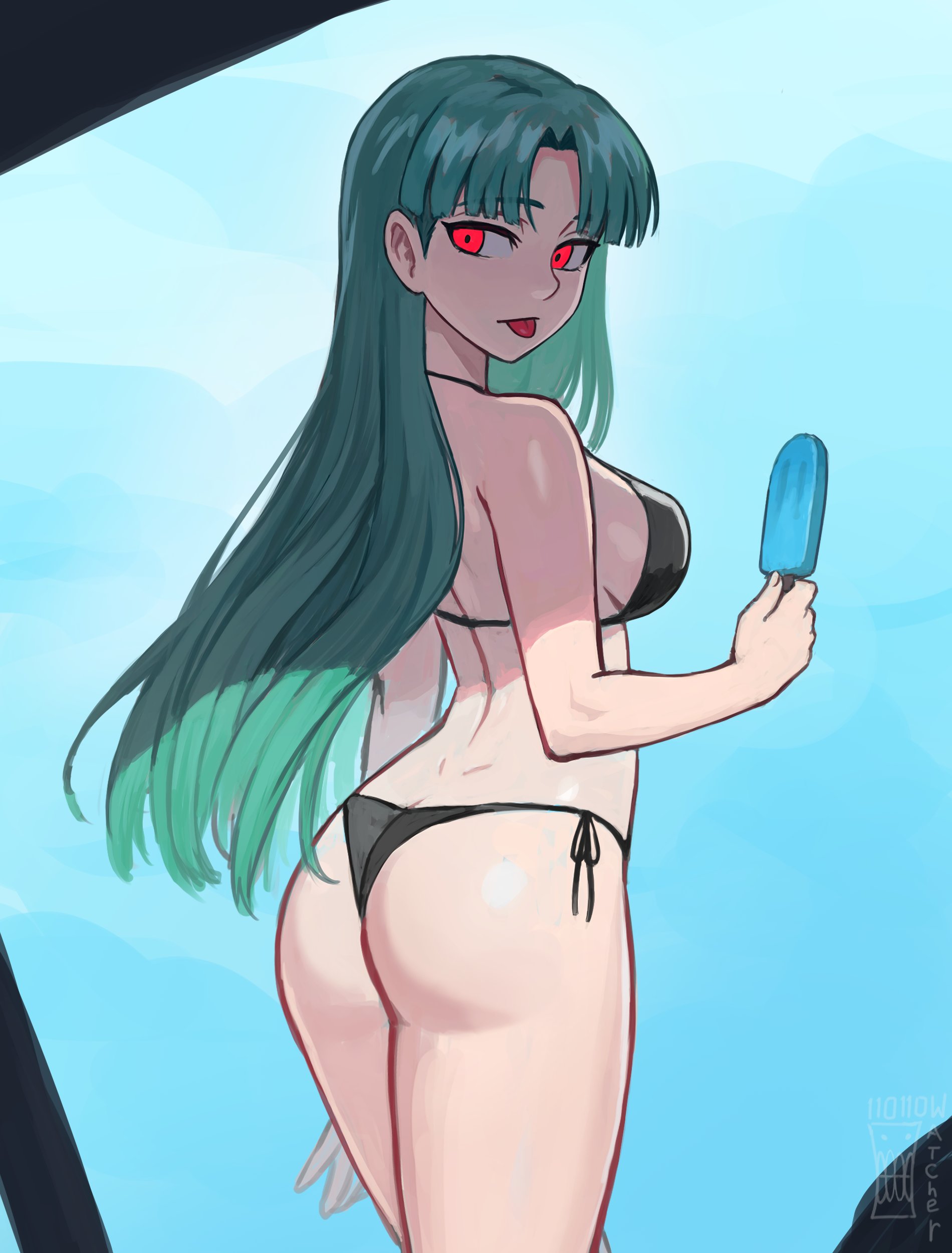 watcher hollow, morrigan aensland, darkstalkers, absurdres, commentary, english commentary, highres, 1girl, :p, artist logo, artist name, ass, bare arms, bare legs, bare shoulders, bikini, black bikini, breasts, cowboy shot, dimples of venus, food, from behind, green hair, holding, holding food, holding popsicle, large breasts, logo, long hair, looking at viewer, looking back, popsicle, red eyes, side-tie bikini bottom, simple background, solo, swimsuit, tongue, tongue out, very long hair