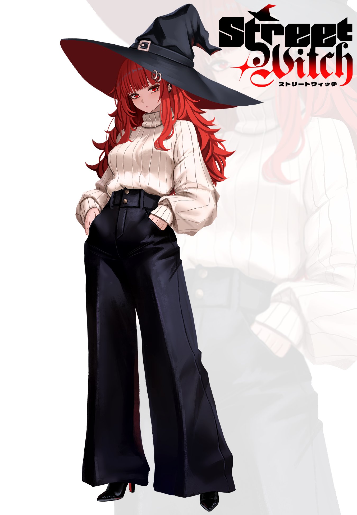 yan kodiac, val (yan kodiac), original, commentary, english commentary, highres, 1girl, black hat, blunt bangs, breasts, ear piercing, earrings, hands in pockets, hat, high heels, jewelry, long hair, long sleeves, pants, piercing, red eyes, red hair, solo, standing, sweater, witch hat, zoom layer