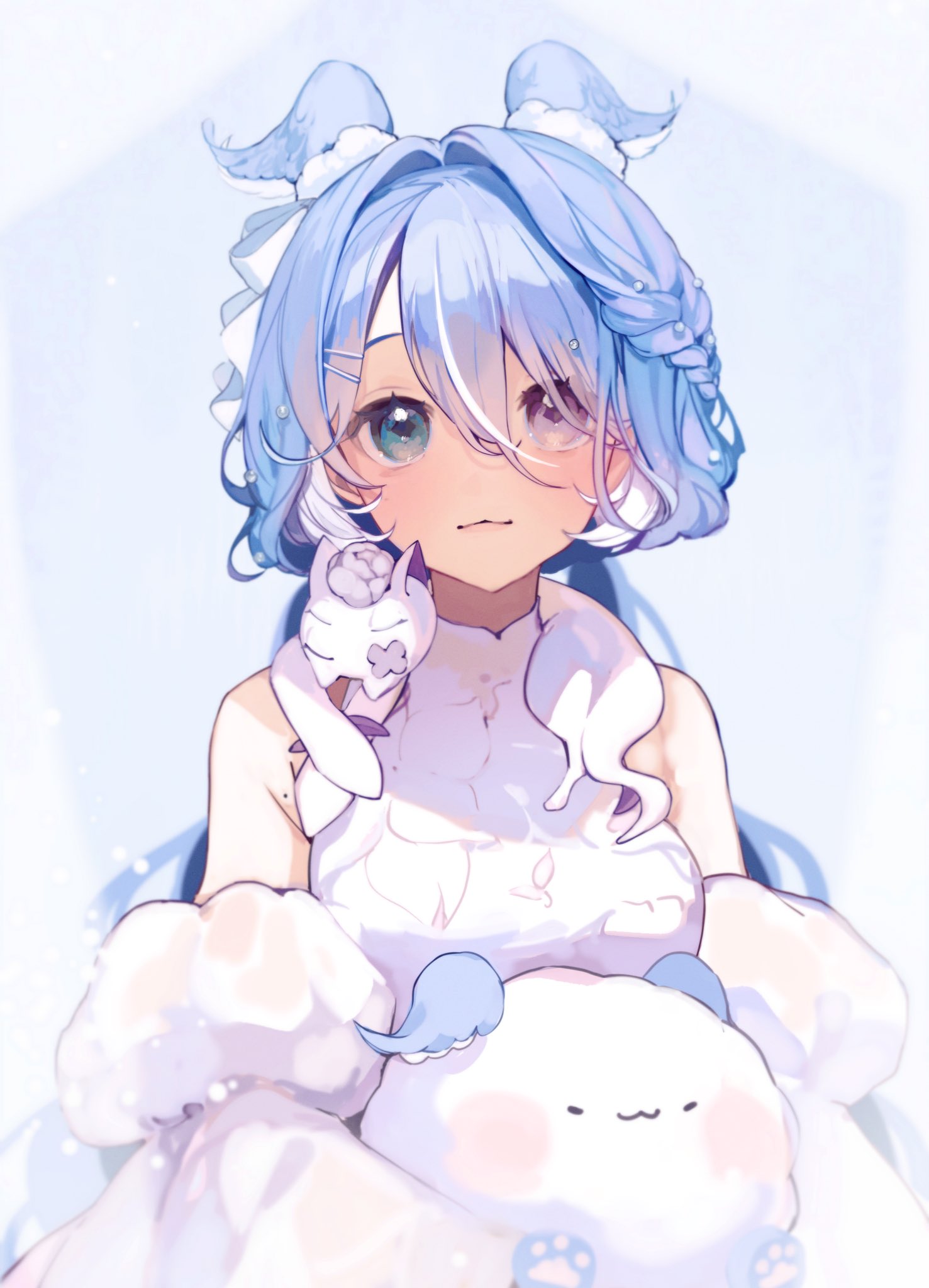 sakai eri (illustratoreri), elira pendora, pikl (elira pendora), weewa (elira pendora), nijisanji, nijisanji en, commentary, english commentary, highres, 1girl, :3, aqua eyes, blue hair, braid, breasts, detached sleeves, dress, hair intakes, head wings, heterochromia, large breasts, light blush, long hair, looking at viewer, low twintails, mole, mole on armpit, purple eyes, twintails, very long hair, virtual youtuber, white dress, wings