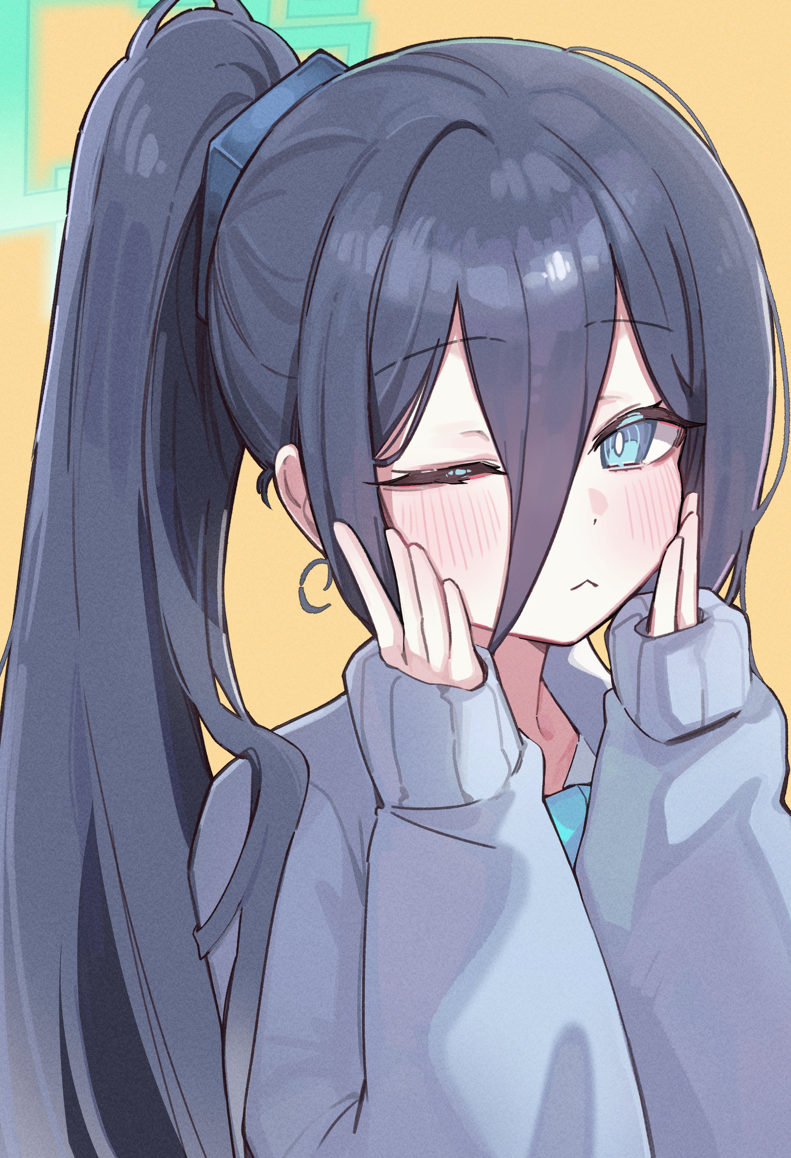 ximgyeon, aris (blue archive), blue archive, absurdres, commentary request, highres, 1girl, ;<, alternate costume, alternate hairstyle, aqua halo, black hair, blue eyes, blue necktie, collared shirt, grey sweater, hair between eyes, halo, hands on own cheeks, hands on own face, long hair, long sleeves, looking at viewer, necktie, ponytail, rectangular halo, school uniform, shirt, sidelocks, simple background, solo, sweater, upper body, white shirt, yellow background