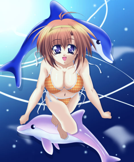 artist request, character request, copyright request, 1girl, ahoge, barefoot, bikini, blue eyes, breasts, brown hair, cleavage, collarbone, hairband, inflatable dolphin, inflatable toy, large breasts, looking at viewer, navel, open mouth, orange bikini, plaid bikini, plaid clothes, short hair, side-tie bikini bottom, smile, swimming, swimsuit, underwater