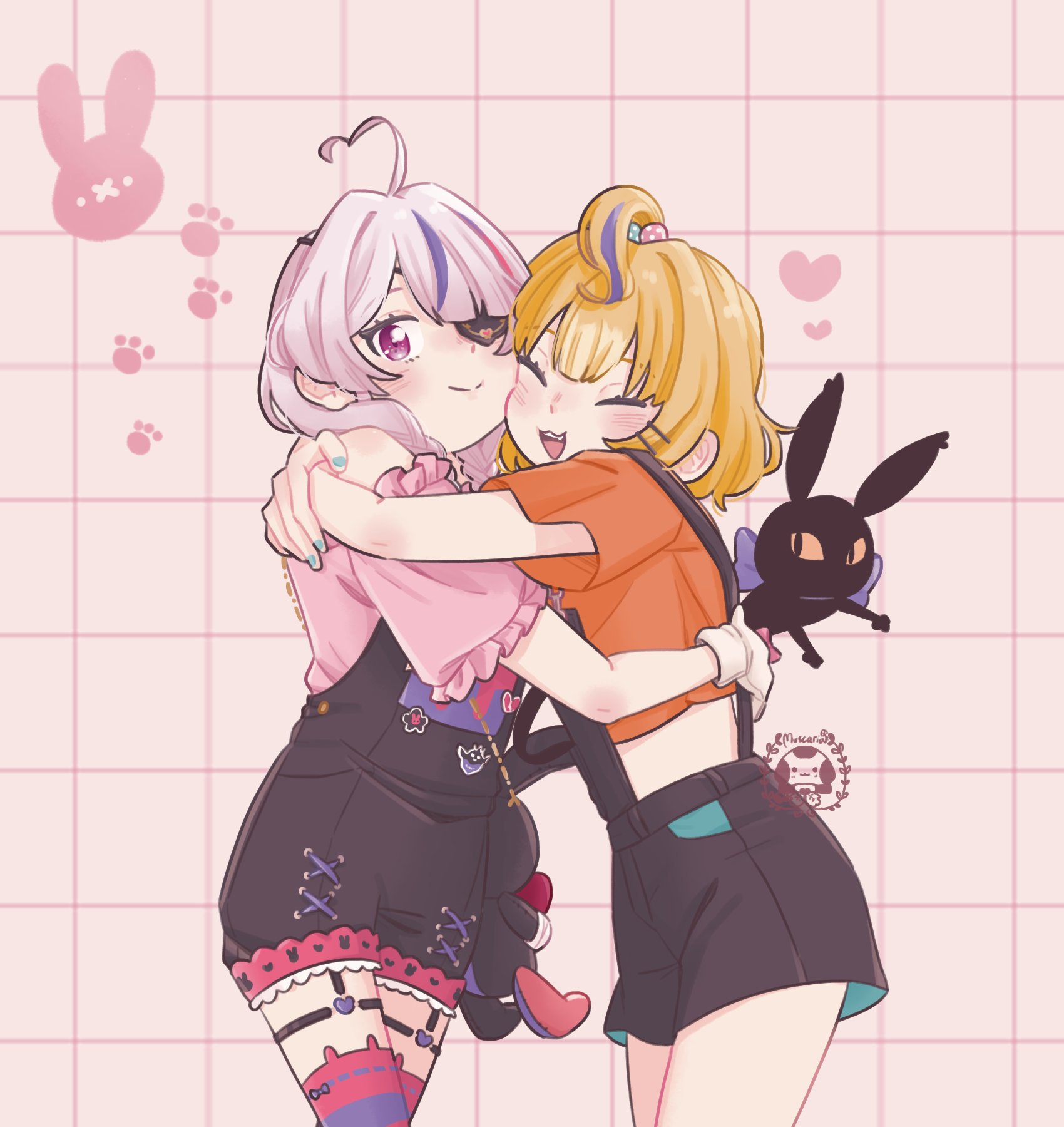 tialiani5, lucie (millie parfait), maria marionette, maria marionette (farmer), millie parfait, nijisanji, nijisanji en, commentary, english commentary, highres, 2girls, :d, ahoge, aqua nails, artist name, beads, blush, closed eyes, crop top, ear blush, eyepatch, gloves, hair beads, hair ornament, heart, heart ahoge, hug, looking at viewer, medium hair, midriff, multicolored hair, multiple girls, off-shoulder shirt, off shoulder, open mouth, overalls, paw print, pink eyes, pink hair, purple hair, shirt, shoulder blush, smile, streaked hair, virtual youtuber