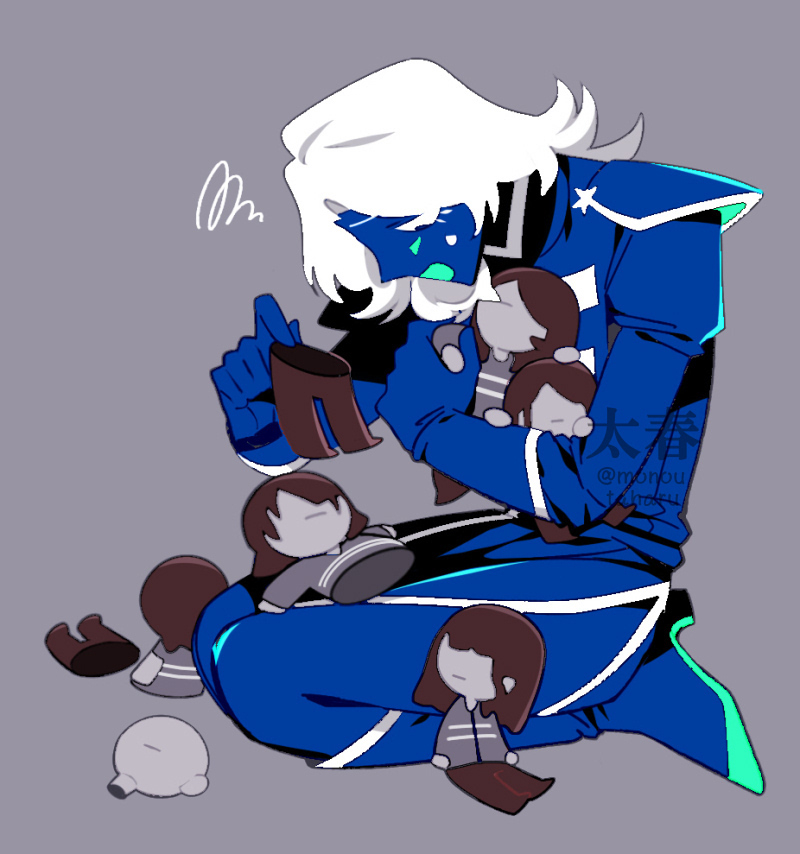 taharu (papiyas), rouxls kaard, vessel (deltarune), deltarune, utdr (toby fox), commentary request, 1boy, :d, armor, blue boots, blue jacket, blue pants, blue skin, boots, colored skin, flipped hair, full body, grey background, hunched over, jacket, knee boots, long sleeves, male focus, medium hair, open mouth, pants, raised inner eyebrows, seiza, shoulder armor, simple background, sitting, smile, solo, squiggle, star (symbol), watermark, white hair