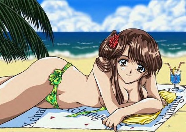 akazaki yasuma, asuka katakiri, crowd (company), x-change, x-change (series), 1girl, beach, beach towel, bikini, blush, breast press, breasts, brown eyes, brown hair, cloud, covering breasts, covering privates, crossed arms, cup, drink, drinking glass, drinking straw, flower, food, fruit, green bikini, hair flower, hair ornament, hair over breasts, large breasts, lemon, lemon slice, long hair, looking at viewer, lying, navel, ocean, palm tree, sand, side-tie bikini bottom, sky, smile, swimsuit, towel, tree, tropical drink, unworn bikini top, water