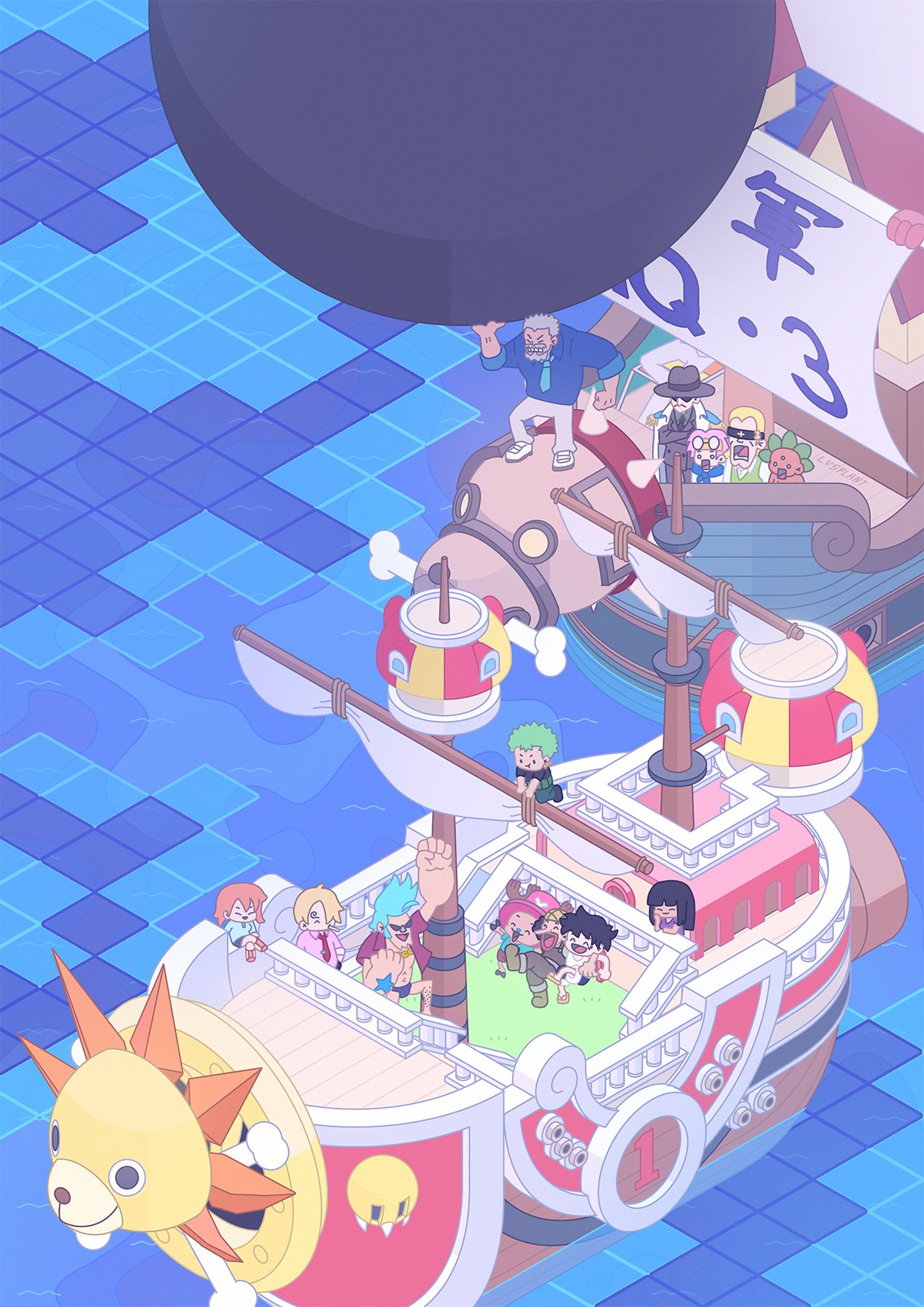 lv5plant, bogard (one piece), franky (one piece), helmeppo, koby (one piece), monkey d. garp, monkey d. luffy, nami (one piece), nico robin, roronoa zoro, sanji (one piece), thousand sunny, tony tony chopper, usopp, one piece, commentary, highres, 2girls, 6+boys, antlers, arm up, artist name, artist self-insert, beard, black hair, blonde hair, blue neckerchief, blue necktie, blue shirt, boat, cannonball, chibi, epaulettes, facial hair, formal clothes, grandfather and grandson, green hair, hair over one eye, haramaki, hat, holding, horns, isometric, leg hair, long nose, multiple boys, multiple girls, neckerchief, necktie, old, old man, orange hair, pink hair, pink shirt, pompadour, reindeer antlers, shirt, straw hat, suit, sunglasses, watercraft