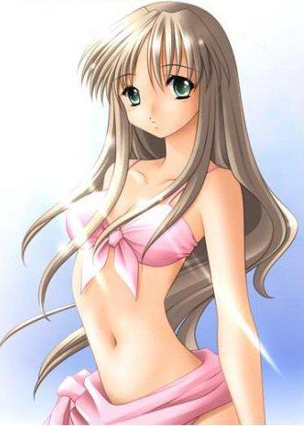 hironii (nirvana soft), lowres, 1girl, bandeau, bikini, bikini top only, blush, breasts, brown hair, cleavage, cloud, collarbone, female focus, front-tie top, green eyes, light rays, long hair, looking at viewer, medium breasts, navel, pink bikini, pink sarong, sarong, sky, solo, standing, sunbeam, sunlight, swimsuit