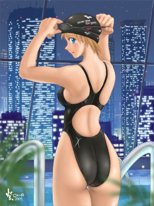 nyanko batake, arena (company), 1girl, 2005, ass, back cutout, blonde hair, blue eyes, cityscape, clothing cutout, competition swimsuit, covered erect nipples, goggles, goggles on headwear, highleg, highleg one-piece swimsuit, looking back, night, one-piece swimsuit, pool, poolside, swim cap, swimsuit