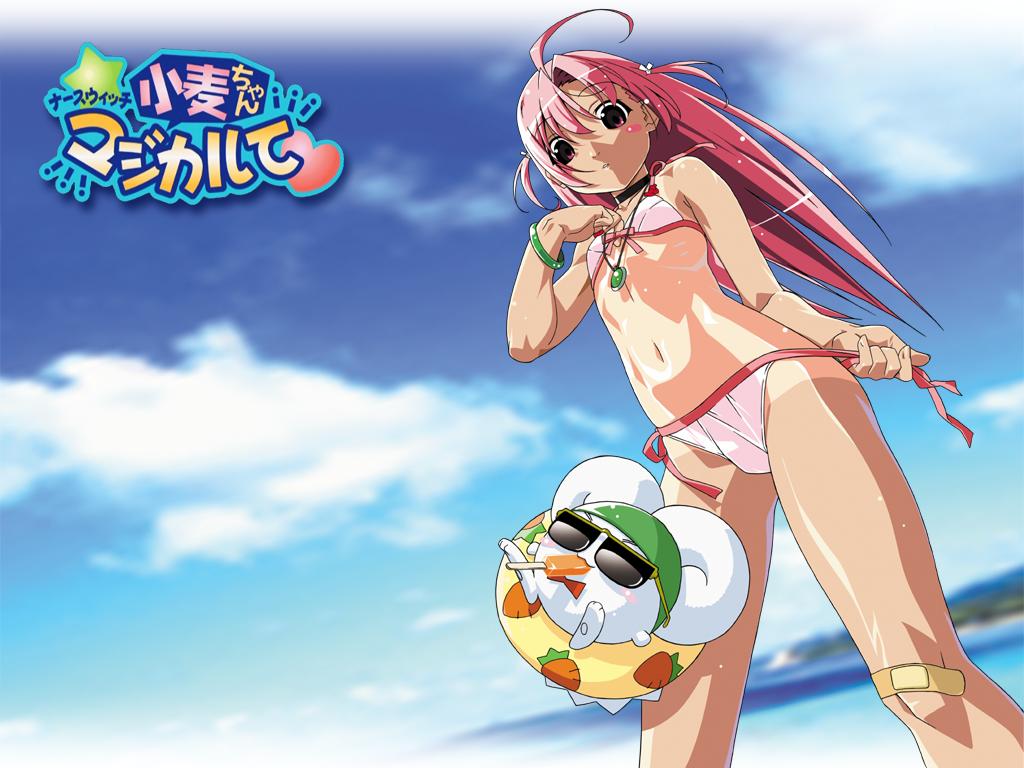 watanabe akio, mugimaru, nakahara komugi, nurse witch komugi-chan, nurse witch komugi-chan magikarte, 1girl, :3, ahoge, animal, bandaid, bandaid on knee, bandaid on leg, beach, bikini, blush, bracelet, brown eyes, choker, cloud, flat chest, food, food in mouth, green hat, hair ribbon, hat, ice cream, innertube, jewelry, long hair, looking at viewer, navel, necklace, ocean, open clothes, parted lips, pink bikini, pink hair, popsicle, popsicle in mouth, rabbit, ribbon, sand, side-tie bikini bottom, sky, standing, sunglasses, swim ring, swimsuit, twintails, untied bikini, water, wet, white fur, white ribbon