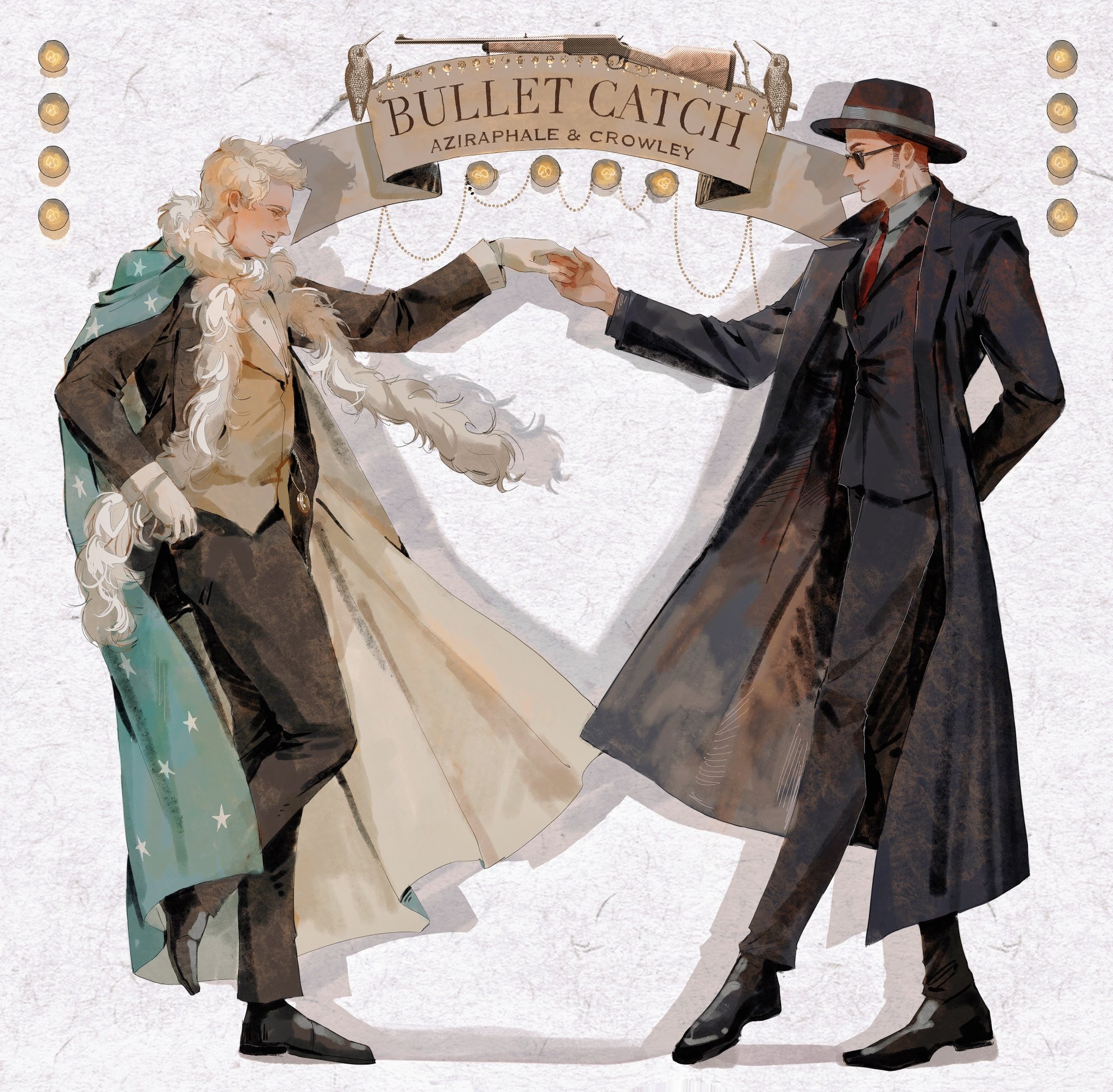 mianlei yanjiu xuezhe, aziraphale (good omens), crowley (good omens), good omens, highres, 2boys, black coat, black pants, bow, bowtie, buttons, closed eyes, coat, cowboy shot, fedora, formal clothes, hat, male focus, multiple boys, necktie, open mouth, pants, red hair, red necktie, short hair, standing, suit, sunglasses, top hat, traditional bowtie, unworn eyewear, white hair