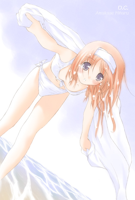 amakase miharu, da capo, da capo i, 00s, 1girl, bikini, blue eyes, female focus, orange hair, short hair, solo, swimsuit, towel, water, wet, white bikini