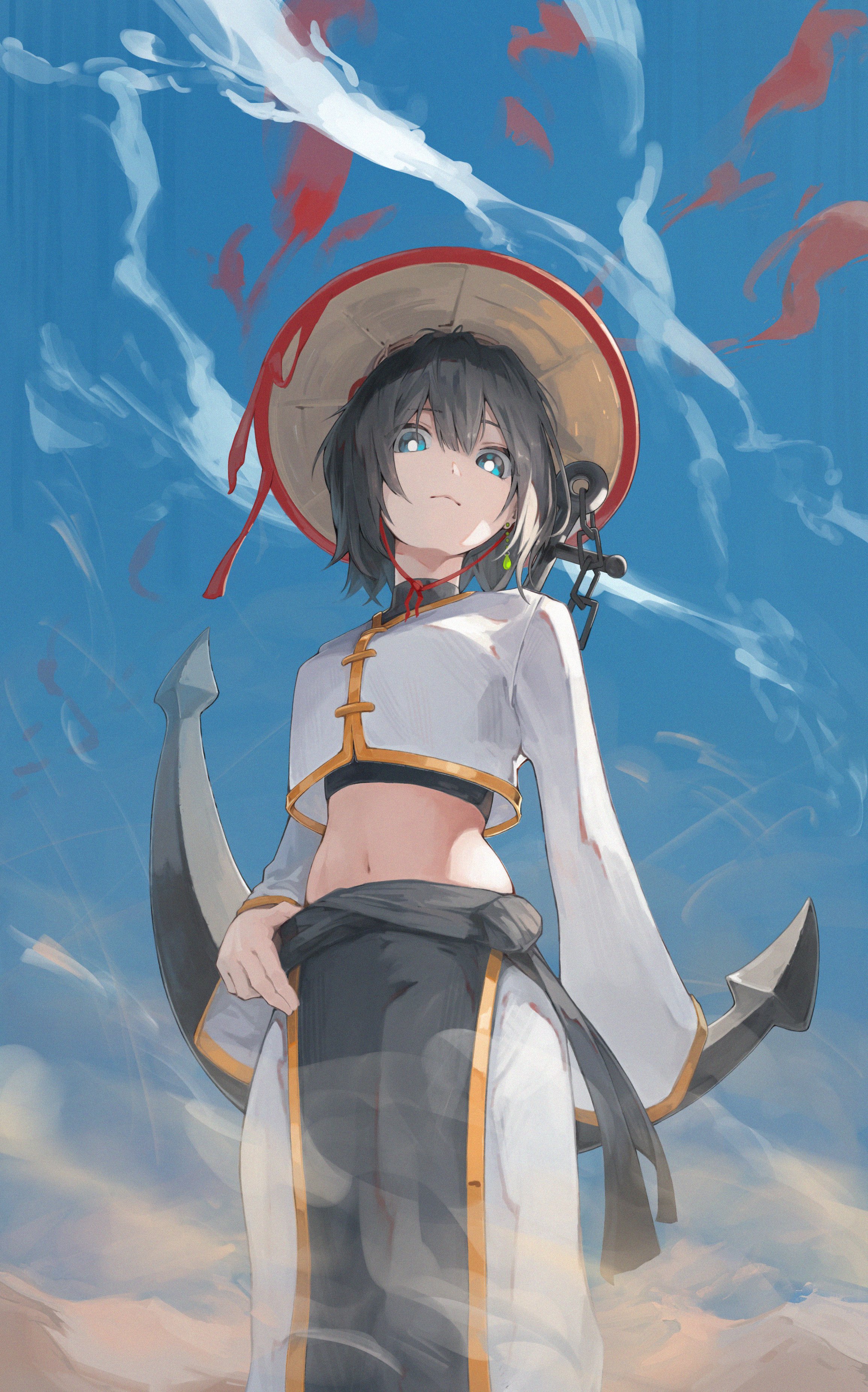 sashimi oniku, murasa minamitsu, touhou, absurdres, highres, 1girl, alternate costume, anchor, black hair, blue eyes, blue sky, chinese clothes, cloud, cowboy shot, expressionless, from below, hat, long sleeves, looking at viewer, midriff, navel, pants, shirt, short hair, sky, smoke, solo, white pants, white shirt, wide sleeves