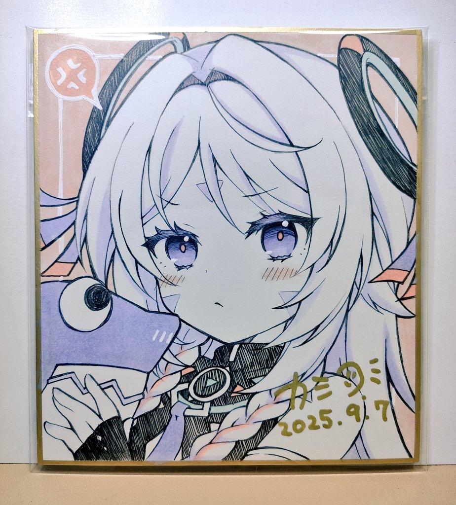 kashiwadokoro, citlali (genshin impact), itzpapa (genshin impact), genshin impact, commentary request, traditional media, 1girl, :/, anger vein, bare shoulders, black gloves, blue eyes, blush, braid, closed mouth, dated, fingerless gloves, floating headgear, gloves, headgear, holding, looking at viewer, pink hair, pink pupils, shikishi, solo, spoken anger vein, twin braids