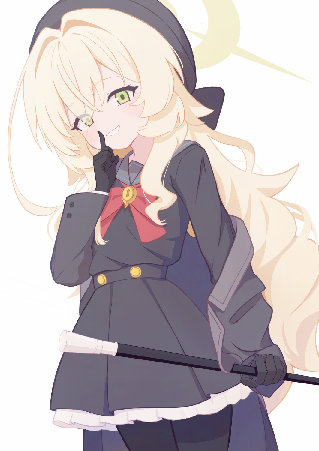 freshd 0325, professor niyaniya (blue archive), blue archive, fluffy hair, commentary request, highres, 1girl, ahoge, beret, black coat, black gloves, black hat, black pantyhose, black sailor collar, blonde hair, bow, bowtie, cane, coat, eyes visible through hair, finger to mouth, gloves, green eyes, grin, hair between eyes, hair intakes, halo, hat, holding, holding cane, long hair, long sleeves, looking at viewer, off shoulder, open clothes, open coat, pantyhose, red bow, red bowtie, sailor collar, shushing, simple background, smile, solo, very long hair, white background, yellow halo