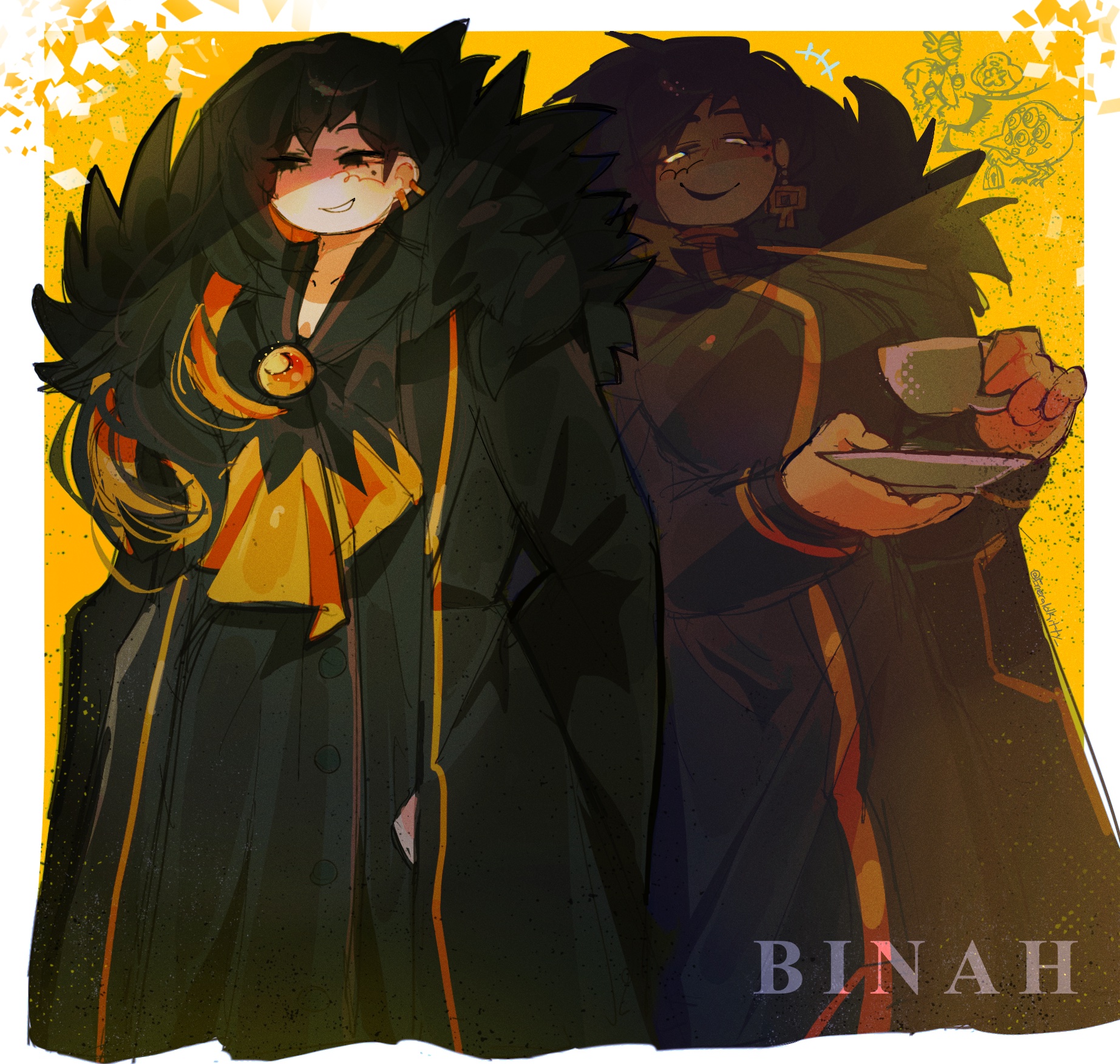 emerald kitty, big bird (project moon), binah (project moon), judgement bird, punishing bird, library of ruina, lobotomy corporation, project moon, highres, 1girl, ascot, black coat, black dress, black eyes, black hair, blonde hair, border, breasts, coat, coat on shoulders, colored inner hair, cup, dress, earrings, fur-trimmed coat, fur trim, grin, holding, holding cup, holding plate, jewelry, large breasts, long hair, long sleeves, looking at viewer, mole, mole under eye, multicolored hair, multiple views, plate, short hair, simple background, smile, solo, standing, upper body, white border, white eyes, yellow ascot, yellow background, yellow brooch