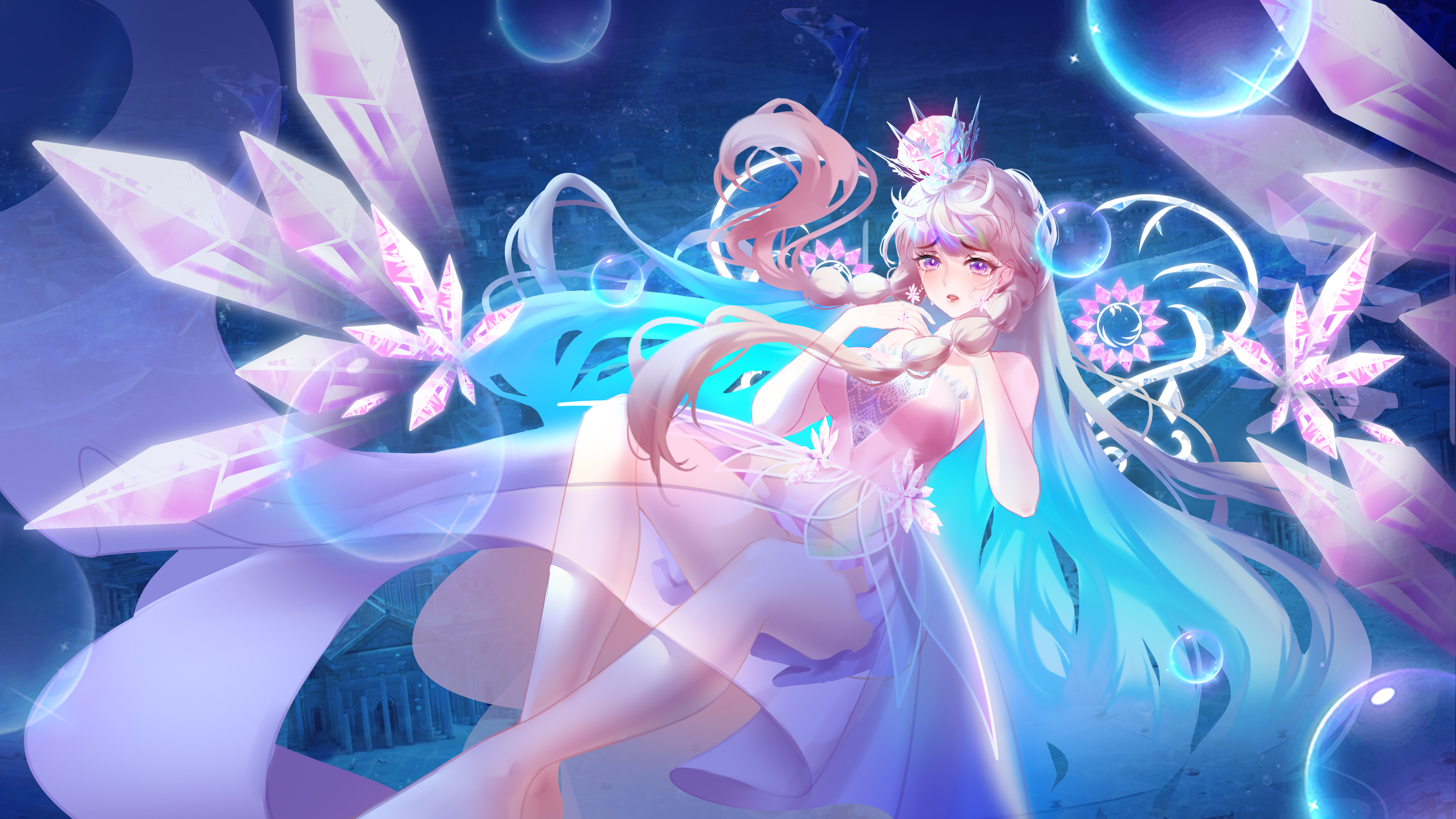 nikki (nikki), nikki (series), shining nikki, absurdres, highres, 1girl, bare arms, bare legs, bare shoulders, barefoot, blue hair, breasts, bubble, city, colored inner hair, crown, crying, crying with eyes open, crystal wings, diamond (gemstone), diamond teardrop (shining nikki), dress, earrings, eyelashes, falling, feet out of frame, floating hair, frilled dress, frills, gem, gown, hands on own chest, jewelry, knees, large breasts, light particles, lipstick, long sidelocks, makeup, mechanical wings, mini crown, multi-tied hair, multicolored hair, night, outdoors, parted lips, pink dress, pink gemstone, pink hair, purple eyes, red lips, sad, see-through clothes, see-through dress, sidelocks, solo, strapless, strapless dress, teardrop, tears, two-tone hair, wings, yumeng u