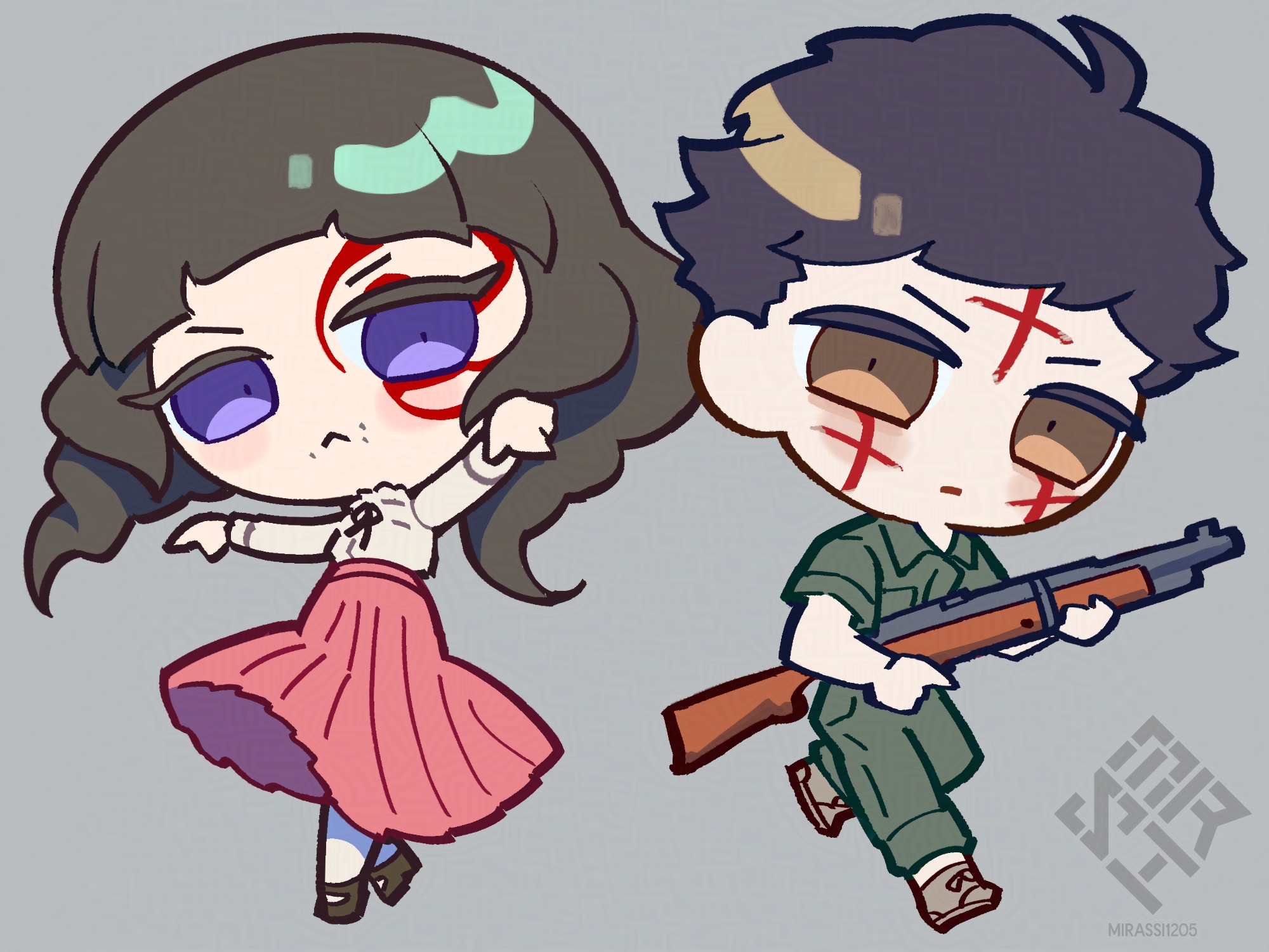 mirassi1205, levi (fear & hunger), marina (fear & hunger), fear & hunger (series), fear & hunger 2: termina, adversarial noise, commentary, highres, 1boy, 1girl, :<, artist logo, artist name, black hair, black shoes, brown eyes, brown hair, brown shoes, chibi, chibi only, closed mouth, cross, cross facial mark, face piercing, facial mark, green jumpsuit, grey background, gun, holding, holding gun, holding weapon, jumpsuit, logo, long hair, long sleeves, looking at viewer, mary janes, mouth piercing, neck ribbon, outstretched arms, piercing, pink skirt, purple eyes, ribbon, rifle, shirt, shoes, short hair, short sleeves, simple background, skirt, socks, spread arms, weapon, white shirt, white socks