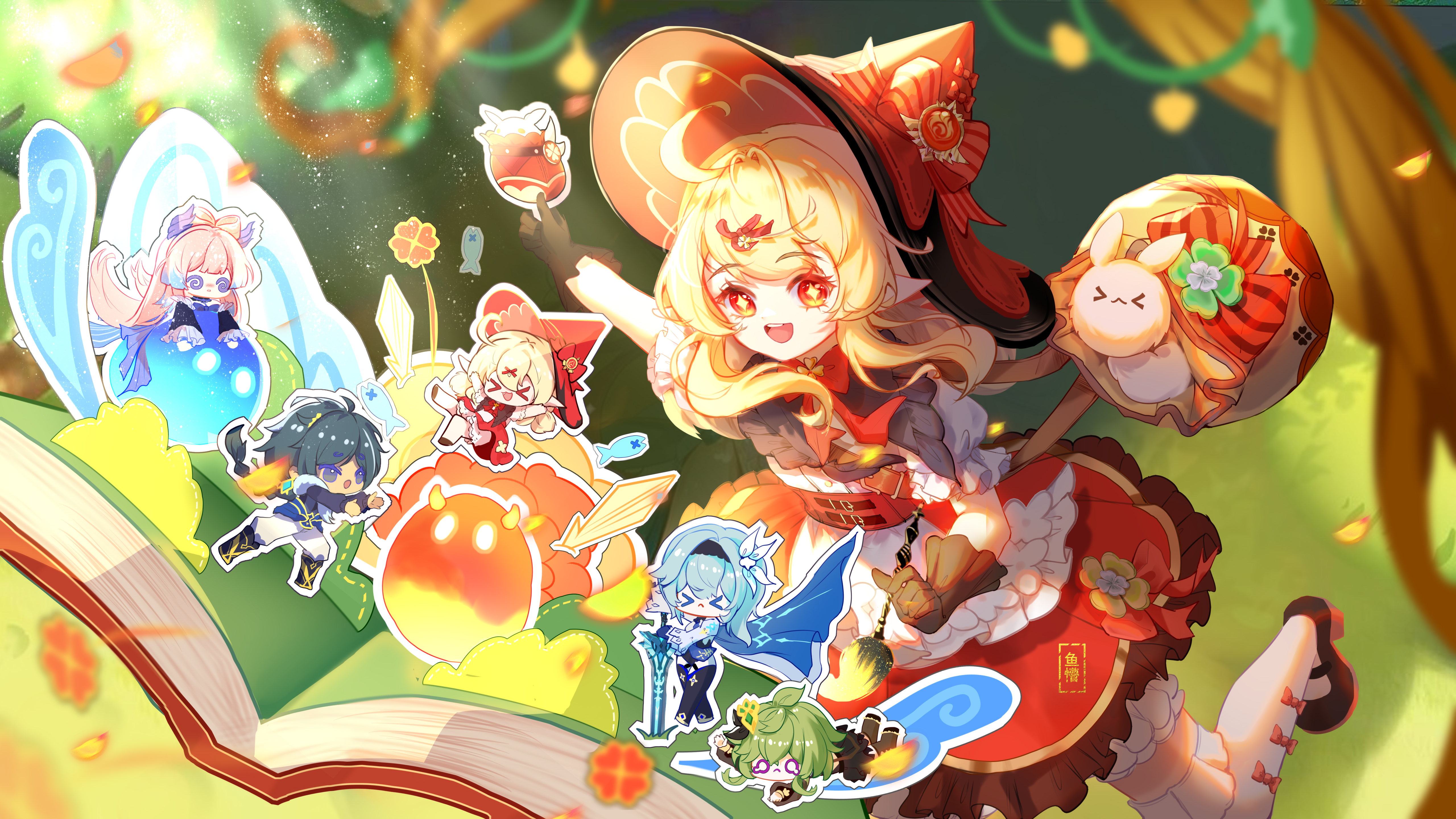 klee (blossoming starlight) (genshin impact), klee (genshin impact), genshin impact, absurdres, character request, chinese commentary, commentary request, highres, 1girl, ahoge, apron, black capelet, black gloves, black shoes, blonde hair, bloomers, book, bow, bow legwear, bowtie, capelet, circle skirt, clover, corset, dappled sunlight, day, excited, floating clothes, floating hair, forest, four-leaf clover, frilled apron, frilled capelet, frilled skirt, frills, full body, gloves, happy, hat, hat bow, high heels, holding, light particles, long hair, mary janes, miniskirt, nature, official alternate costume, outdoors, pointy ears, pop-up book, puffy short sleeves, puffy sleeves, pumps, red bow, red bowtie, red corset, red eyes, red skirt, shirt, shoes, short sleeves, sidelocks, skirt, sparkling eyes, sunlight, thighhighs, underwear, waist apron, white apron, white bloomers, white shirt, white thighhighs, witch hat, yumeng u