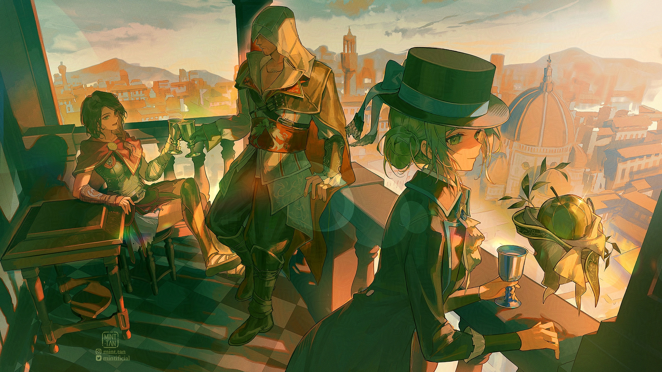 mint-tan, apple (reverse:1999), ezio auditore da firenze, vertin (reverse:1999), assassin's creed (series), reverse:1999, commentary, english commentary, highres, 1boy, 2girls, apple (the fruit of wisdom) (reverse:1999), black hat, black suit, blue ribbon, boots, brown hair, cape, closed mouth, crossover, cup, florence (city), florence cathedral, formal clothes, hair bun, hat, hat ribbon, holding, holding cup, kassandra of sparta, light frown, long hair, long sleeves, looking at another, looking to the side, multiple girls, open mouth, ribbon, short hair, sitting, standing, suit, toasting (gesture)
