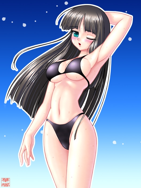 hanazuka ryouji, shinozuka arashi, gad guard, 00s, 1girl, aqua eyes, armpits, black hair, blush, breasts, cleavage, female focus, gradient background, long hair, one eye closed, open mouth, sideboob, solo, sweat, swimsuit, underboob, very long hair, wink