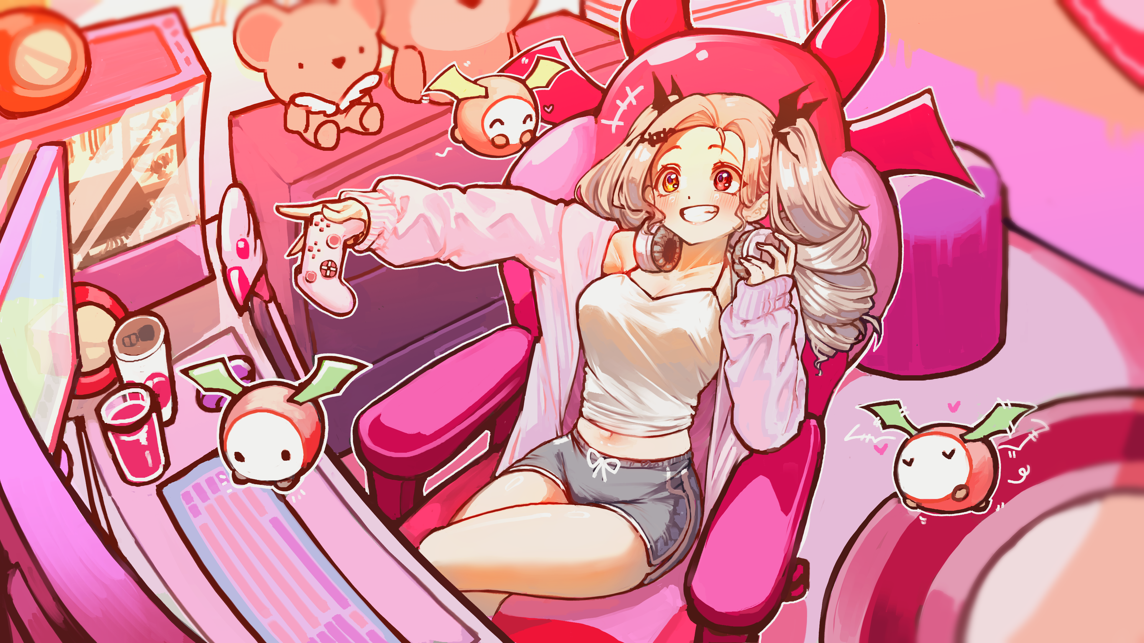 kghazir, liliana vampaia, cardcaptor sakura, myholo tv, absurdres, commentary, english commentary, highres, +++, 1girl, bare legs, blush, breasts, brown hair, camisole, can, chair, collarbone, computer keyboard, computer mouse, controller, crossed legs, cup, dolphin shorts, drill hair, drink can, drinking glass, fuuin no tsue, game controller, gaming chair, grey shorts, grin, hair ornament, headphones, headphones around neck, heterochromia, holding, holding controller, holding game controller, indoors, jacket, large breasts, long sleeves, midriff, monitor, navel, open clothes, open jacket, orange eyes, red eyes, shorts, sitting, sleeves past wrists, smile, solo, stuffed toy, swivel chair, twin drills, twintails, virtual youtuber, white camisole, white jacket, wing hair ornament