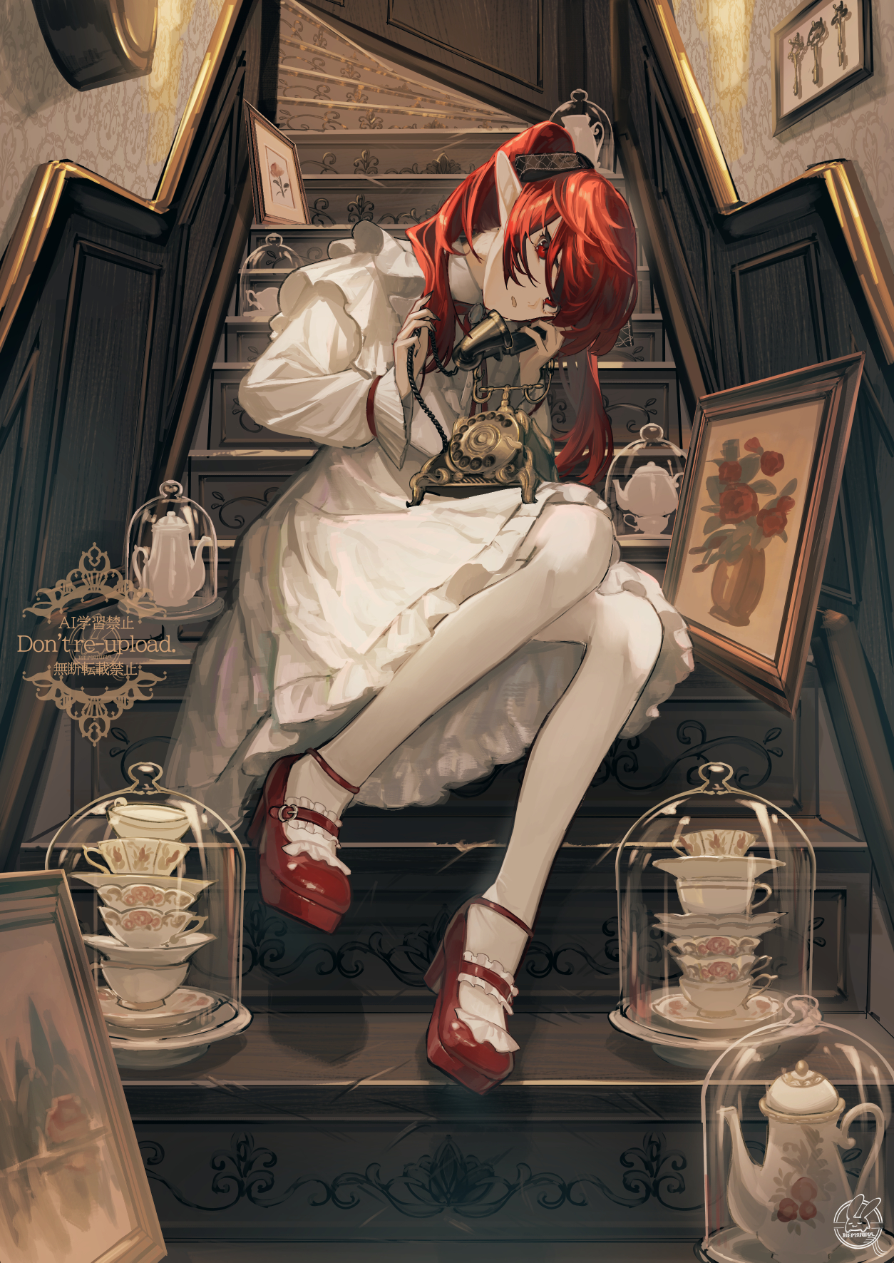 hemorina, original, commentary request, highres, 1girl, antique phone, bell jar, corded phone, cup, dress, frilled dress, frills, full body, head tilt, indoors, long hair, long sleeves, looking at viewer, painting (object), pantyhose, phone, pointy ears, ponytail, red eyes, red hair, red shoes, saucer, shoes, solo, stairs, teacup, teapot, twintails, wallpaper (object), watermark, white dress, white pantyhose