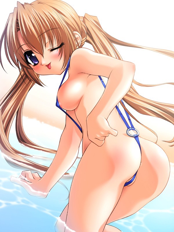 misty isle (yoji sorimura), sorimura youji, 1girl, anus, anus peek, ass, beach, bent over, blue eyes, blue one-piece swimsuit, blush, breasts, brown hair, from behind, kneeling, long hair, looking at viewer, looking back, medium breasts, nipple slip, nipples, ocean, one-piece swimsuit, one eye closed, partially submerged, sand, slingshot swimsuit, smile, swimsuit, tongue, tongue out, twintails, water, wink