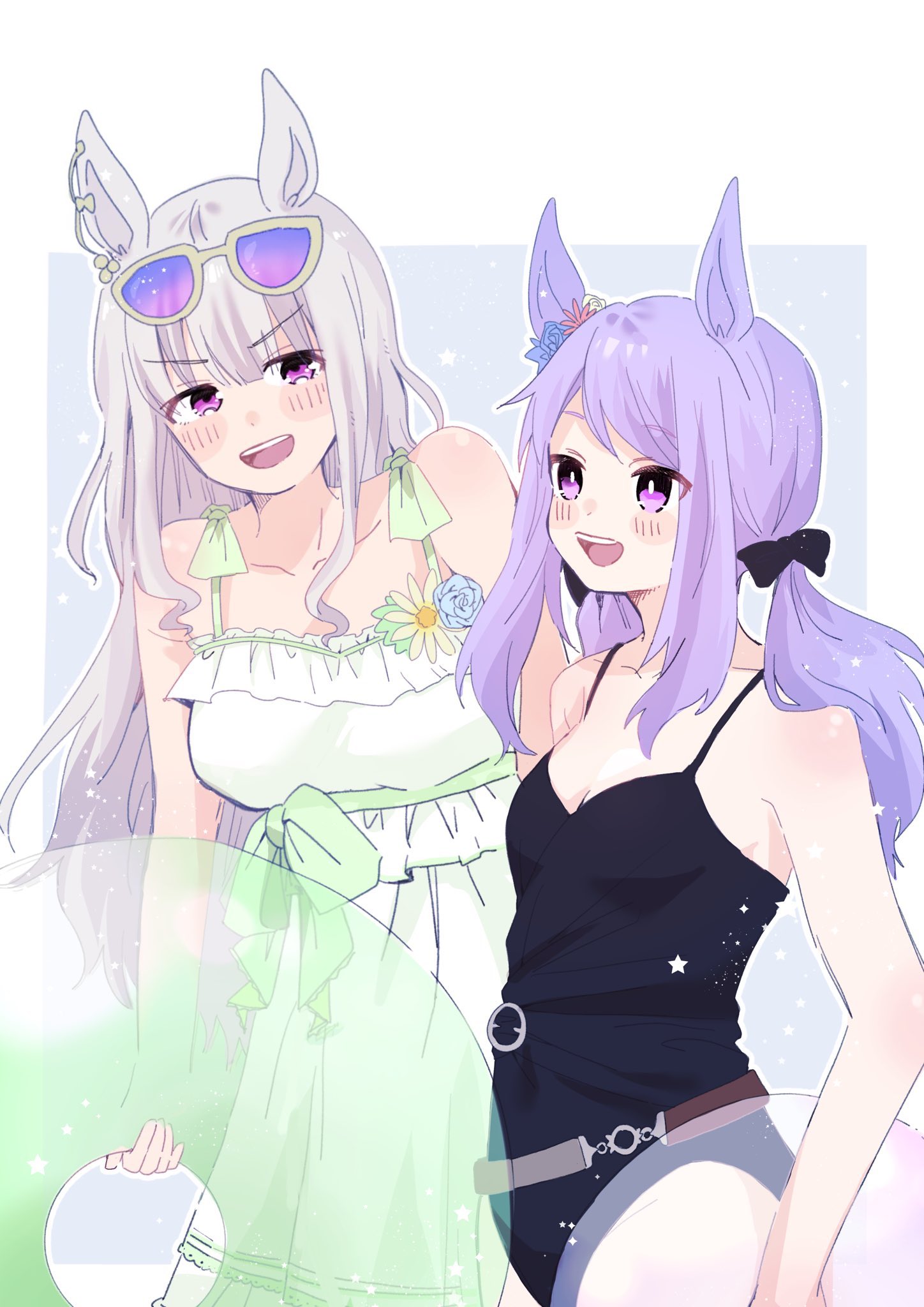 segawa rui, gold ship (run revolt launcher) (umamusume), gold ship (umamusume), mejiro mcqueen (ripple fairlady) (umamusume), mejiro mcqueen (umamusume), umamusume, highres, 2girls, animal ears, bare shoulders, black bow, black one-piece swimsuit, blunt bangs, blush, bow, breasts, casual one-piece swimsuit, cleavage, collarbone, cosplay, costume switch, dress, dress swimsuit, ear flower, eyewear on head, flower, gold ship (umamusume) (cosplay), green dress, grey hair, hair bow, holding, holding swim ring, horse ears, horse girl, innertube, long hair, medium breasts, mejiro mcqueen (umamusume) (cosplay), multiple girls, official alternate costume, one-piece swimsuit, open mouth, purple-tinted eyewear, purple eyes, purple hair, sleeveless, sleeveless dress, smile, sunglasses, swim ring, swimsuit, teeth, tinted eyewear, upper teeth only, yellow-framed eyewear
