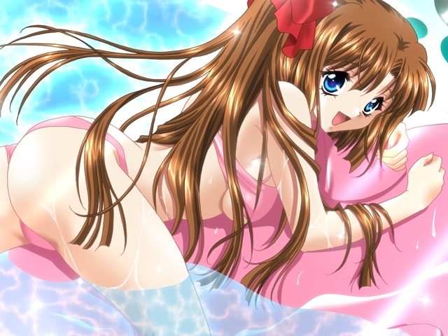 hina ~ippai daisuki~, game cg, tagme, ass, bikini, blue eyes, brown hair, long hair, open mouth, solo, swimsuit, water