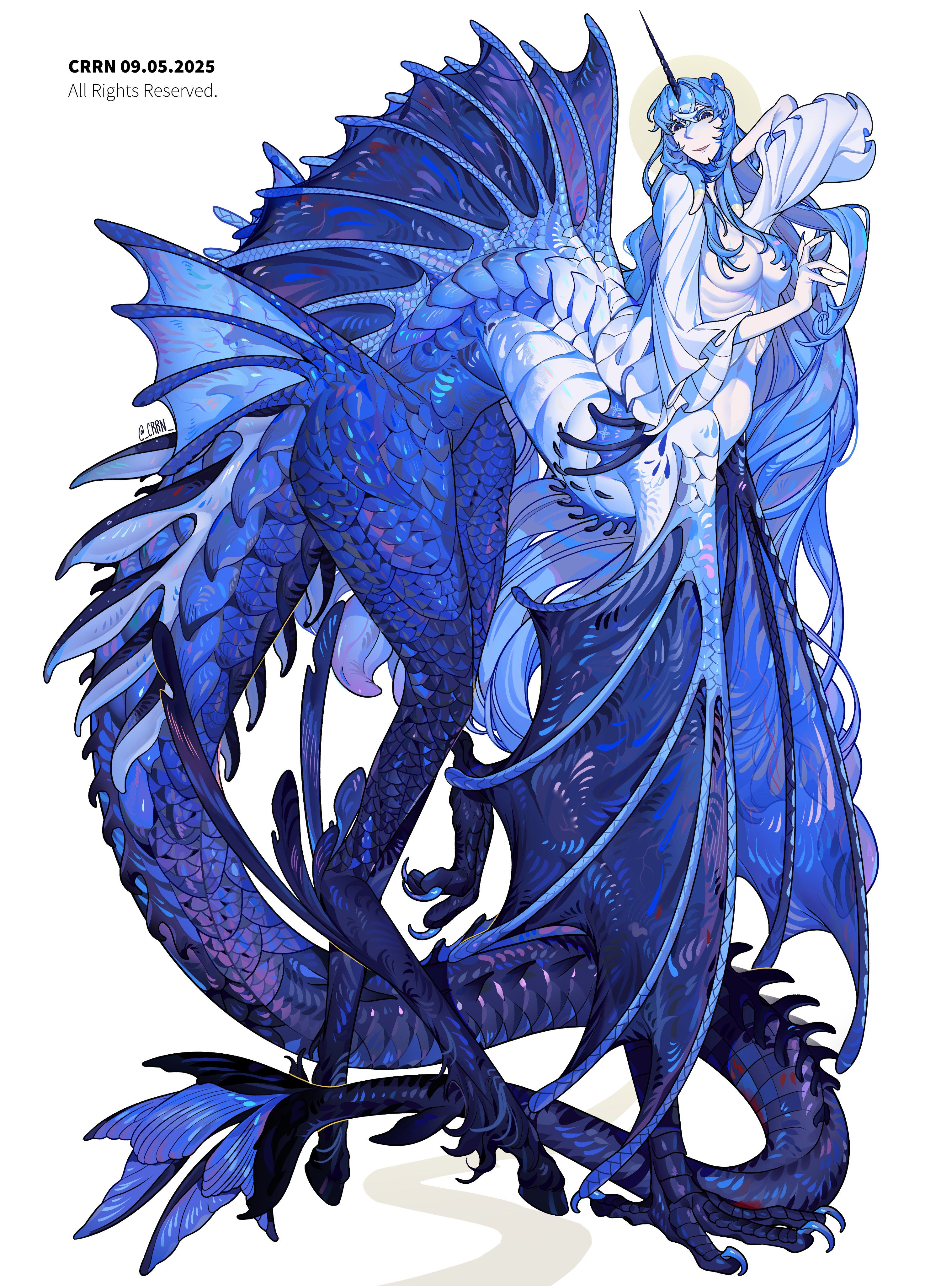 crrn, original, absurdres, highres, 1girl, black eyes, blue hair, blue scales, breasts, covered navel, fingernails, fins, horns, long hair, looking at viewer, medium breasts, mermaid, monster girl, sharp fingernails, single horn, solo, talons, taur, unicorn horn, very long hair, yenisei (crrn)
