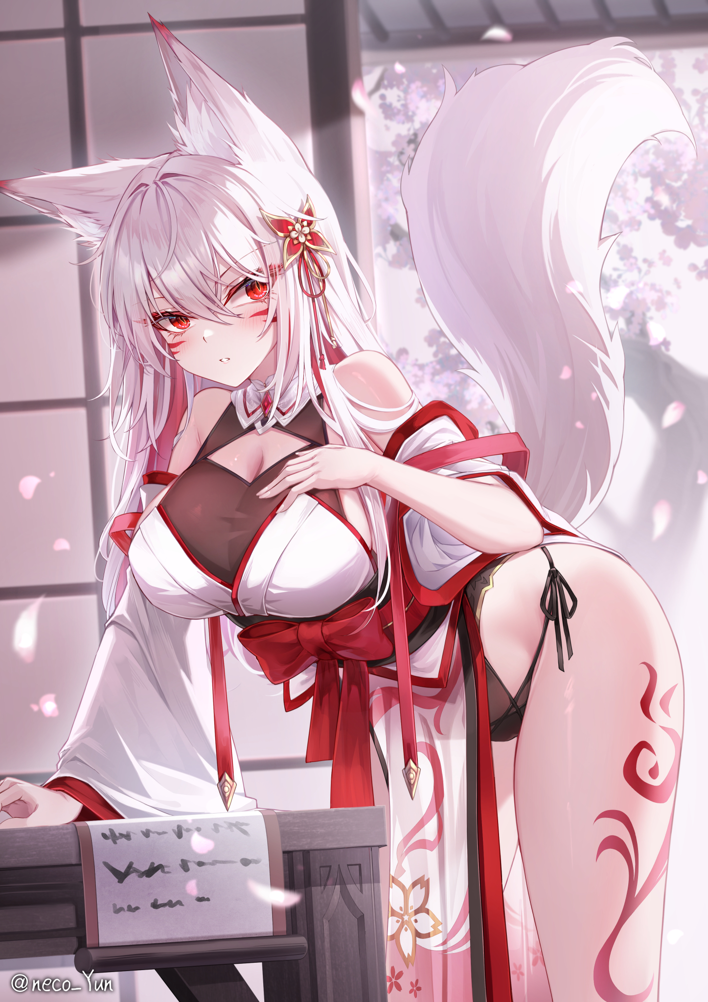 yeosi, original, highres, 1girl, animal ear fluff, animal ears, breasts, cleavage, facial mark, fox ears, fox girl, fox tail, hair between eyes, hand on own chest, large breasts, leaning forward, leg tattoo, nontraditional miko, panties, pelvic curtain, red eyes, see-through cleavage, see-through clothes, side-tie panties, solo, tail, tattoo, underwear, whisker markings, white hair