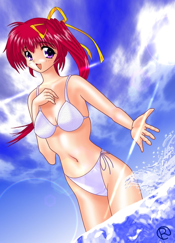 mikiko shinohara, pia carrot (series), pia carrot e youkoso!! 2, artist request, 1girl, bikini, blush, breasts, cloud, collarbone, hair ribbon, hand on own chest, long hair, looking at viewer, medium breasts, navel, ocean, open mouth, ponytail, purple eyes, red hair, ribbon, side-tie bikini bottom, side ponytail, sky, smile, splashing, standing, swimsuit, water, white bikini