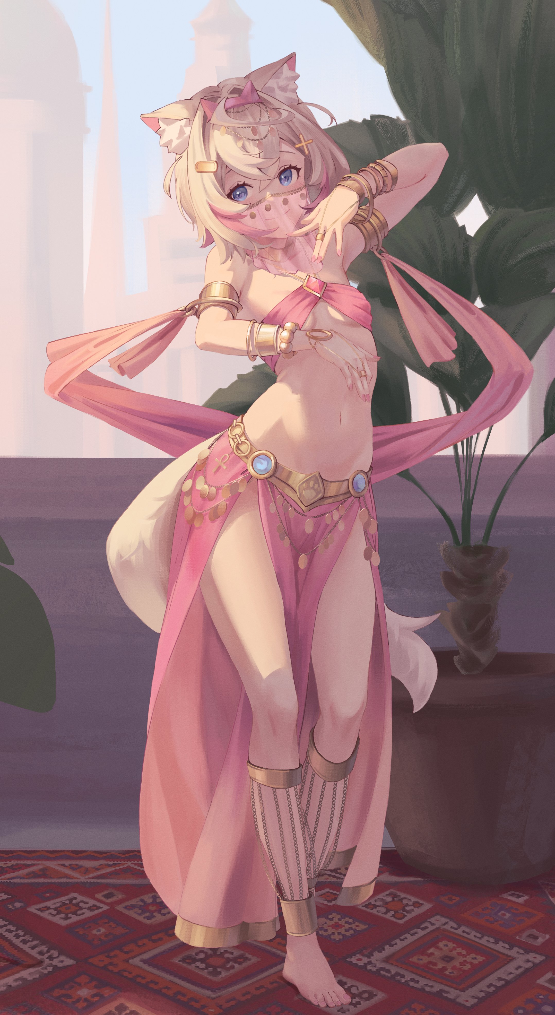 revilol, mococo abyssgard, hololive, hololive english, absurdres, highres, 1girl, alternate costume, animal ears, arabian clothes, belly dancing, blonde hair, dancer, dog girl, harem outfit, harem pants, long hair, mouth veil, multicolored hair, pants, solo, streaked hair, veil, virtual youtuber
