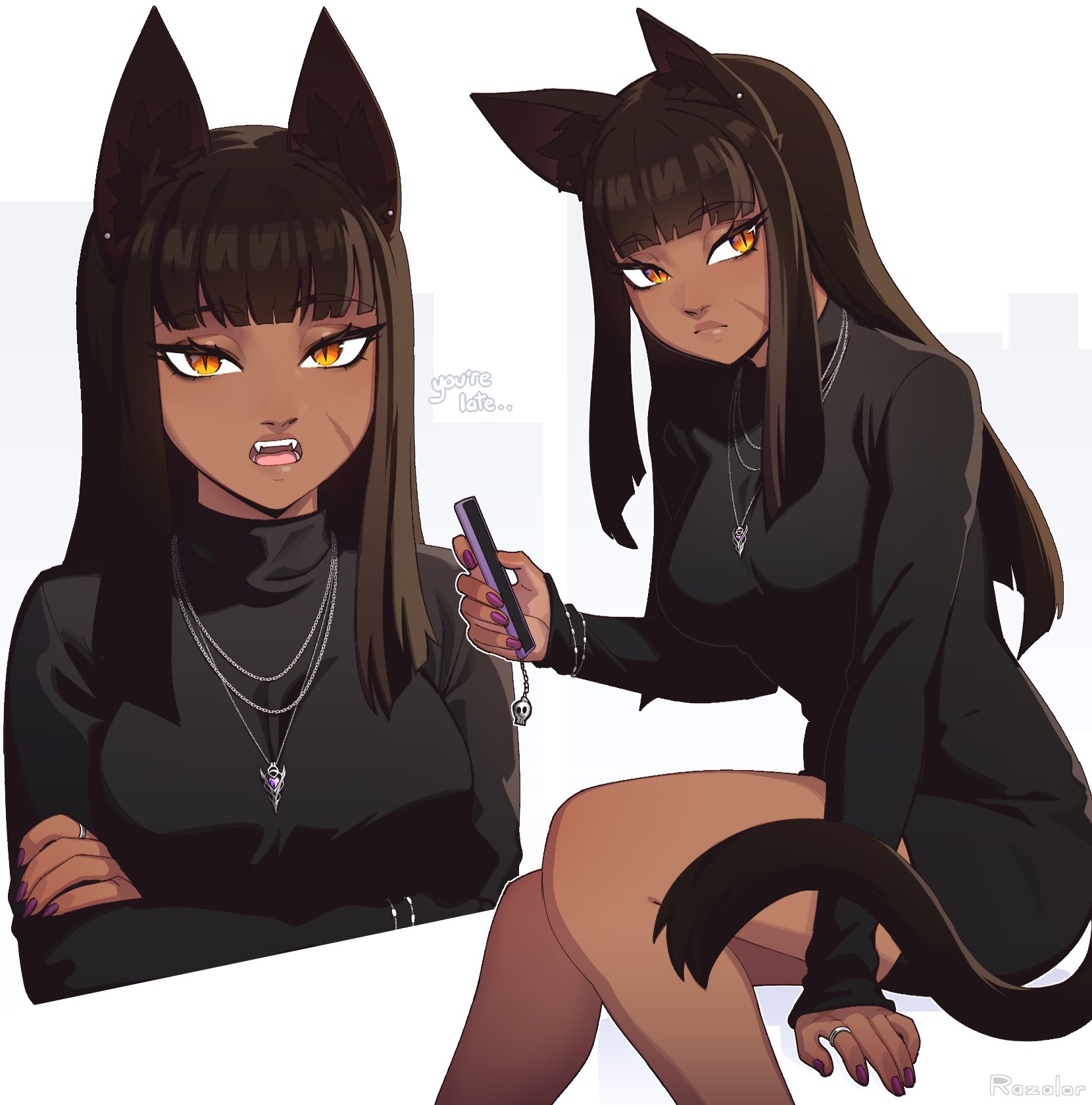 razalor, original, commentary, highres, 1girl, animal ears, arms under breasts, artist name, blunt bangs, breasts, brown hair, cat ears, cat tail, dark-skinned female, dark skin, english text, fangs, hime cut, holding, holding phone, jewelry, large breasts, long hair, multiple views, nail polish, necklace, orange eyes, phone, purple nails, ring, scar, scar on face, simple background, slit pupils, tail, teeth, white background