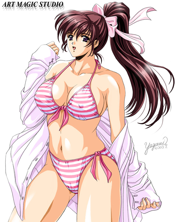 artist request, character request, copyright request, 1girl, 2003, bikini, breasts, brown eyes, brown hair, collarbone, covered erect nipples, dated, dress shirt, hair ribbon, july, large breasts, long hair, long sleeves, looking at viewer, navel, off-shoulder shirt, off shoulder, open clothes, open mouth, open shirt, pink bikini, pink ribbon, ponytail, ribbon, shirt, side-tie bikini bottom, signature, smile, standing, striped bikini, striped clothes, swimsuit, watermark, white background, white shirt