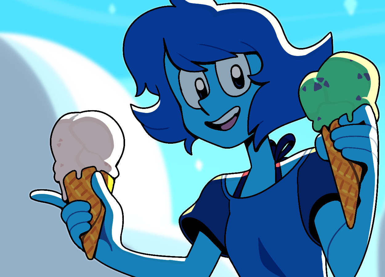 discount-supervillain, lapis lazuli (steven universe), steven universe, 1girl, blue hair, blue shirt, blue skin, colored skin, holding, holding ice cream cone, ice cream cone, shirt, short hair, smile, solo, t-shirt, teeth, upper teeth only