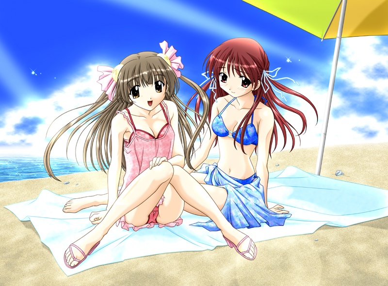 artist request, character request, copyright request, 2girls, arm support, barefoot, beach, beach towel, beach umbrella, bikini, bikini under clothes, blue bikini, blue sarong, breasts, brown eyes, brown hair, bun cover, cleavage, cloud, collarbone, double bun, dress, hair bun, hair ribbon, hand on own knee, high heels, light rays, long hair, looking at viewer, medium breasts, multiple girls, navel, ocean, open mouth, pink bikini, pink dress, pink sandals, red hair, ribbon, sand, sandals, sarong, sitting, sky, sleeveless, sleeveless dress, smile, sunbeam, sunlight, swimsuit, towel, umbrella, water, white ribbon
