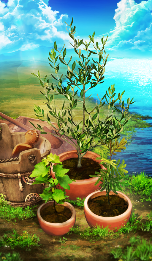 tsuduki neko, fate/grand order, fate (series), commentary request, game cg, official art, third-party source, blue sky, bucket, cloud, day, lens flare, nature, no humans, ocean, outdoors, plant, plant focus, potted plant, sky, still life, sunlight, water