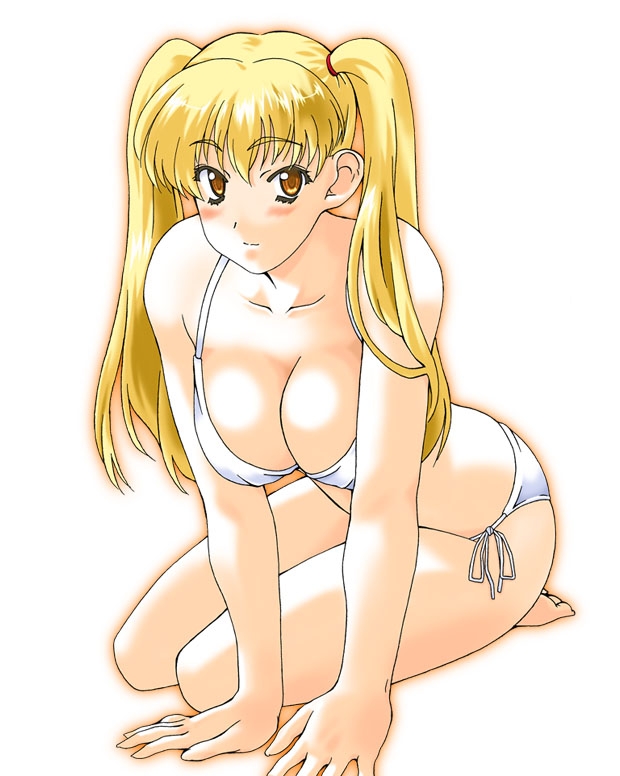 artist request, character request, copyright request, 1girl, arm support, bikini, blonde hair, blush, breasts, brown eyes, cleavage, collarbone, large breasts, leaning, long hair, looking at viewer, side-tie bikini bottom, sitting, smile, swimsuit, twintails, white background, white bikini, yellow eyes