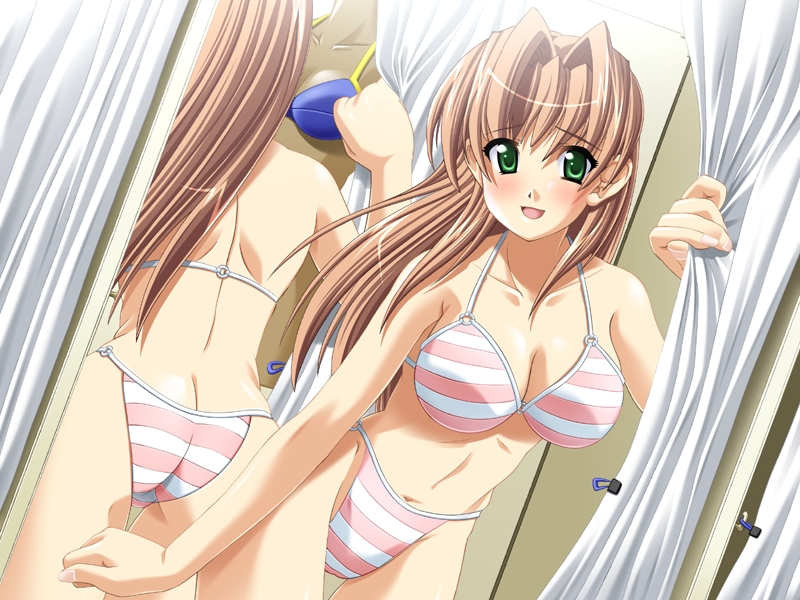 striped, game cg, 1boy, ass, bikini, blush, brown hair, green eyes, long hair, male focus, mirror, open mouth, solo, striped bikini, swimsuit
