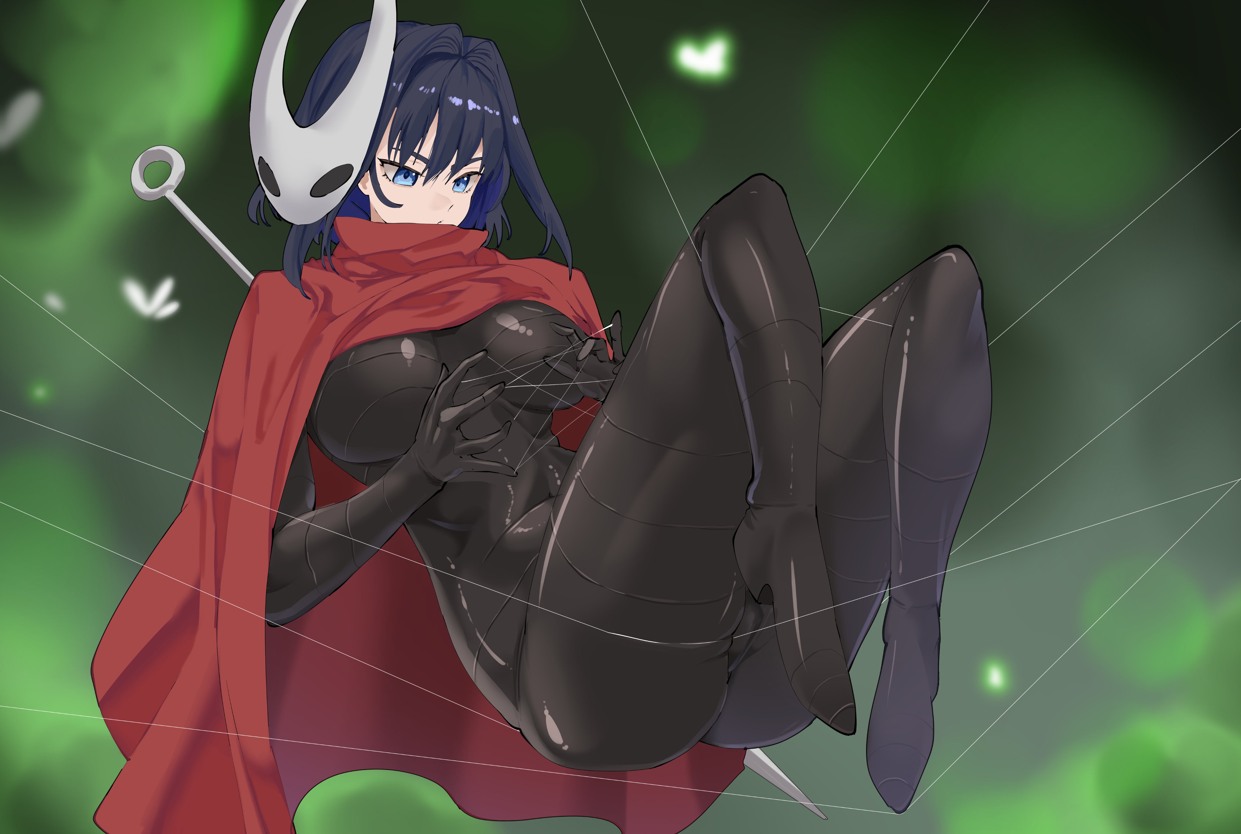 daaku (koizumi arata), hornet (hollow knight), ouro kronii, hollow knight, hololive, hololive english, absurdres, highres, 1girl, black bodysuit, black hair, blue eyes, bodysuit, breasts, cloak, cosplay, hair intakes, hornet (hollow knight) (cosplay), large breasts, mask, mask on head, needle (hollow knight), red cloak, solo, thread, virtual youtuber