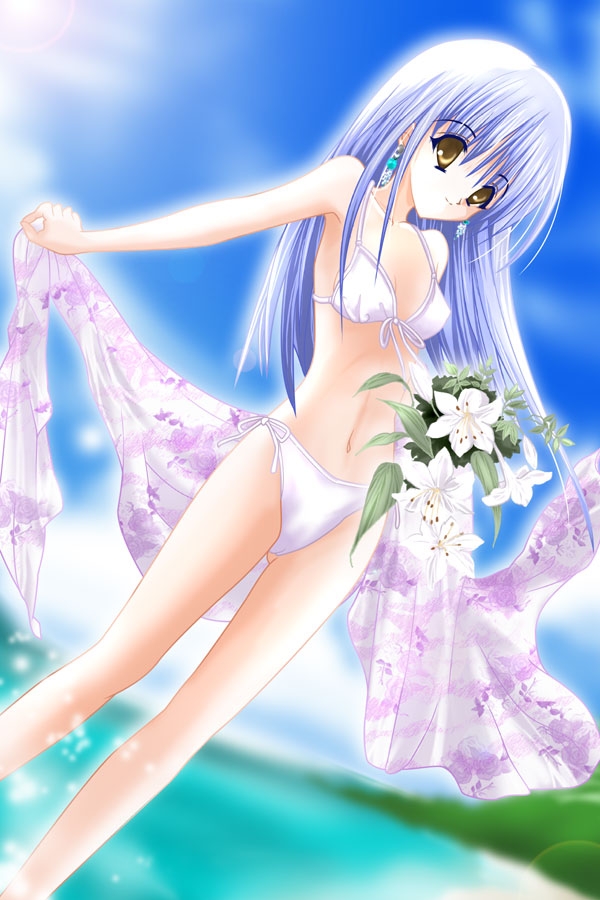 1girl, beach, bikini, blue hair, earrings, female focus, flower, jewelry, long hair, navel, outdoors, side-tie bikini bottom, sky, solo, swimsuit, water, yellow eyes