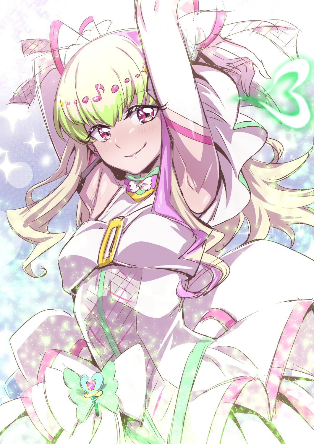 nakahira guy, cure zukyuun, purirun (precure), kimi to idol precure, precure, commentary request, highres, 1girl, arm behind head, armpits, blush, bow, circlet, eighth note, green hair, heart, magical girl, multicolored hair, musical note, pink eyes, pink streaks, ribbon, smile, solo, sparkle, streaked hair