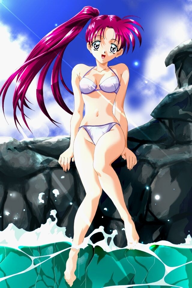 image craft, 1girl, arm support, bikini, black eyes, breasts, cloud, collarbone, feet in water, light rays, long hair, looking at viewer, medium breasts, navel, ocean, open mouth, pink hair, ponytail, rock, side ponytail, sitting, sky, smile, sunbeam, sunlight, swimsuit, water, white bikini