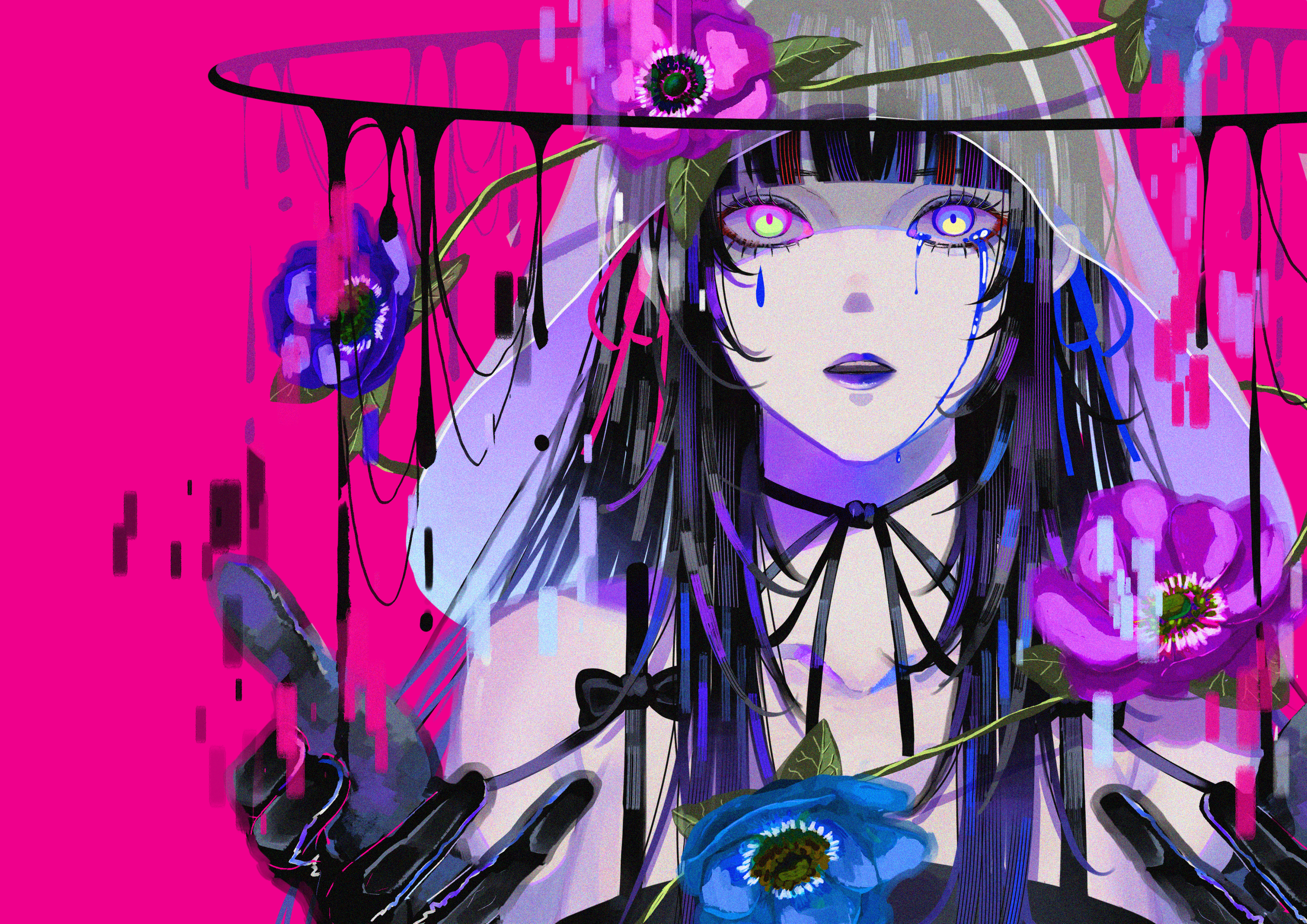 syakemayusan, original, absurdres, highres, 1girl, black gloves, black hair, black ribbon, blue flower, blue streaks, blunt bangs, collarbone, crying, flower, gloves, halo, hands up, leaf, lips, long hair, multicolored hair, open mouth, pink background, pink flower, purple flower, purple lips, purple streaks, ribbon, sleeveless, solo, streaked hair, veil