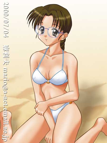 mario (mario portal), 00s, 1girl, 2000, barefoot, beach, bikini, blush, braid, breasts, brown eyes, brown hair, collarbone, covered erect nipples, dated, glasses, july, long hair, looking at viewer, medium breasts, navel, sand, sitting, smile, summer, swimsuit, white bikini