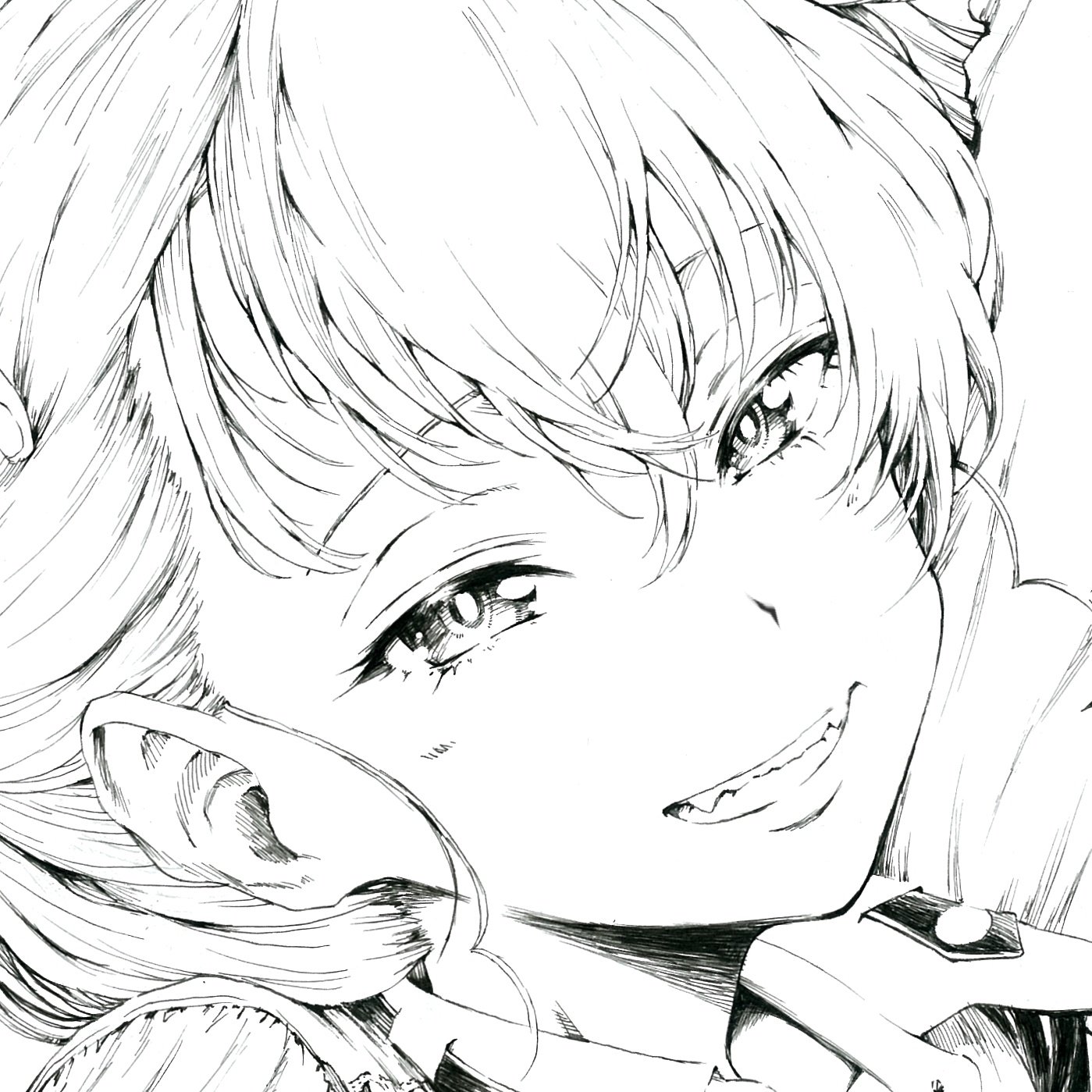 sawamin, rukuriri (girls und panzer), girls und panzer, hashtag-only commentary, highres, 1girl, arm up, blush, close-up, greyscale, hair between eyes, long hair, looking at viewer, monochrome, portrait, smile, solo, st. gloriana's military uniform, teeth
