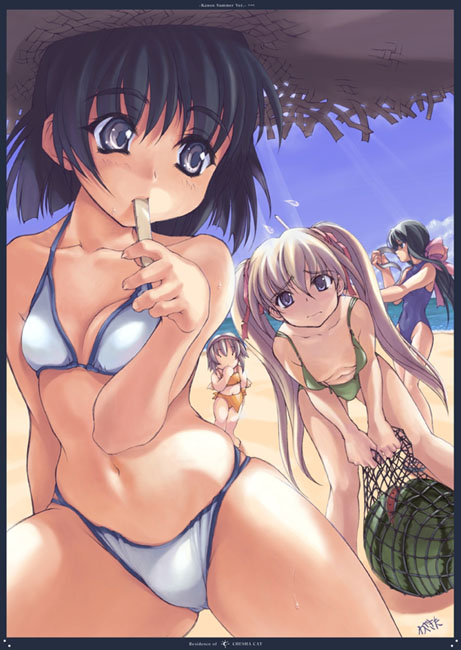 wazakita, 4girls, beach, bent over, bikini, black hair, blonde hair, blue eyes, bow, breasts, cleavage, day, flat chest, food, front-tie top, fruit, hair bow, hair ribbon, hat, long hair, medium breasts, melon, multiple girls, net, one-piece swimsuit, open clothes, outdoors, popsicle, ribbon, short hair, sky, straw hat, suikawari, sweatdrop, swimsuit, torn bikini, torn clothes, torn swimsuit, twintails, untied bikini, very long hair, wardrobe malfunction, watermelon