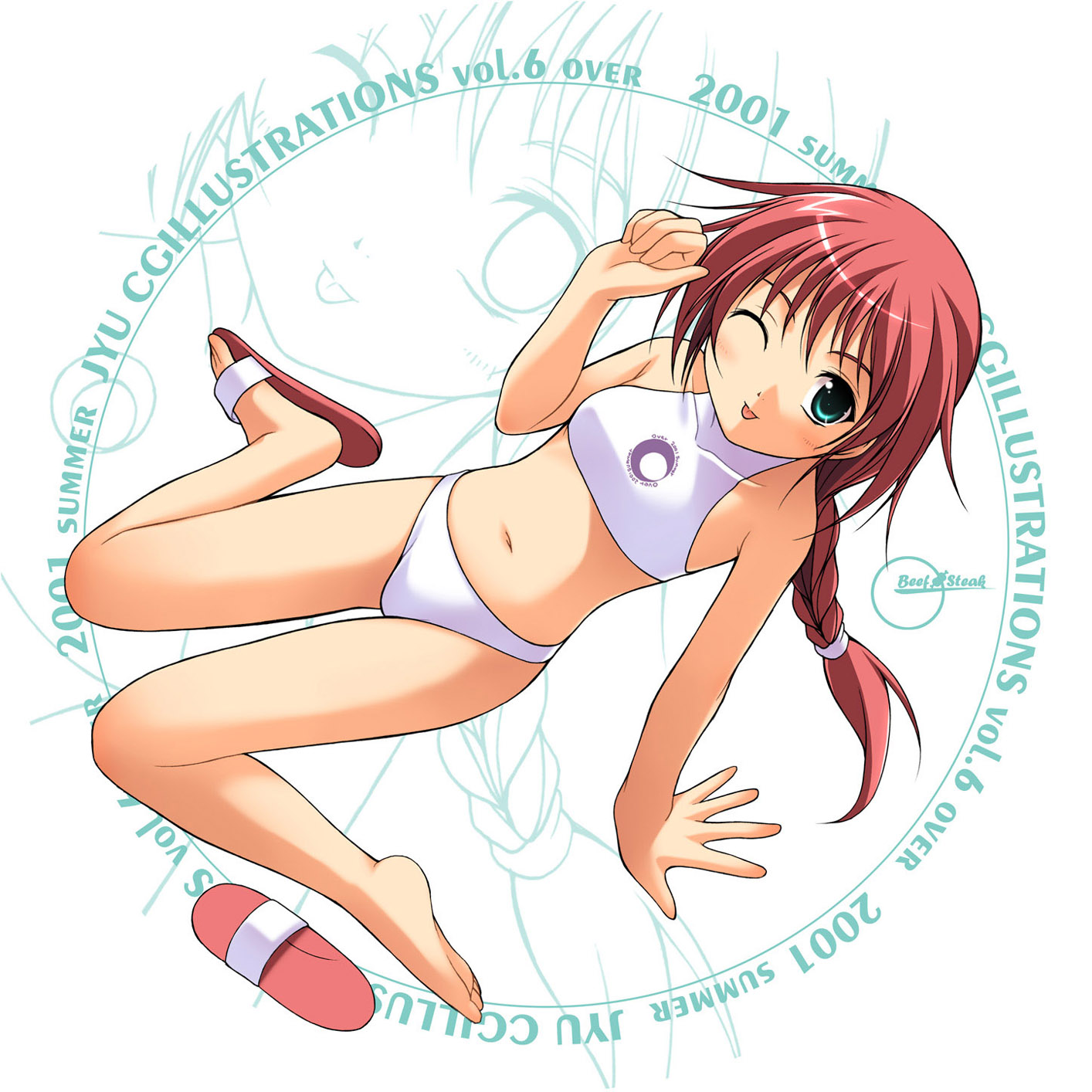 artist request, character request, copyright request, 00s, 1girl, 2001, barefoot, bikini, blue eyes, blush, braid, breasts, clothes writing, collarbone, crescent print, long hair, looking at viewer, navel, one eye closed, pink hair, pink sandals, print bikini, sandals, single braid, single sandal, sitting, small breasts, smile, summer, swimsuit, tongue, tongue out, white background, white bikini, wink