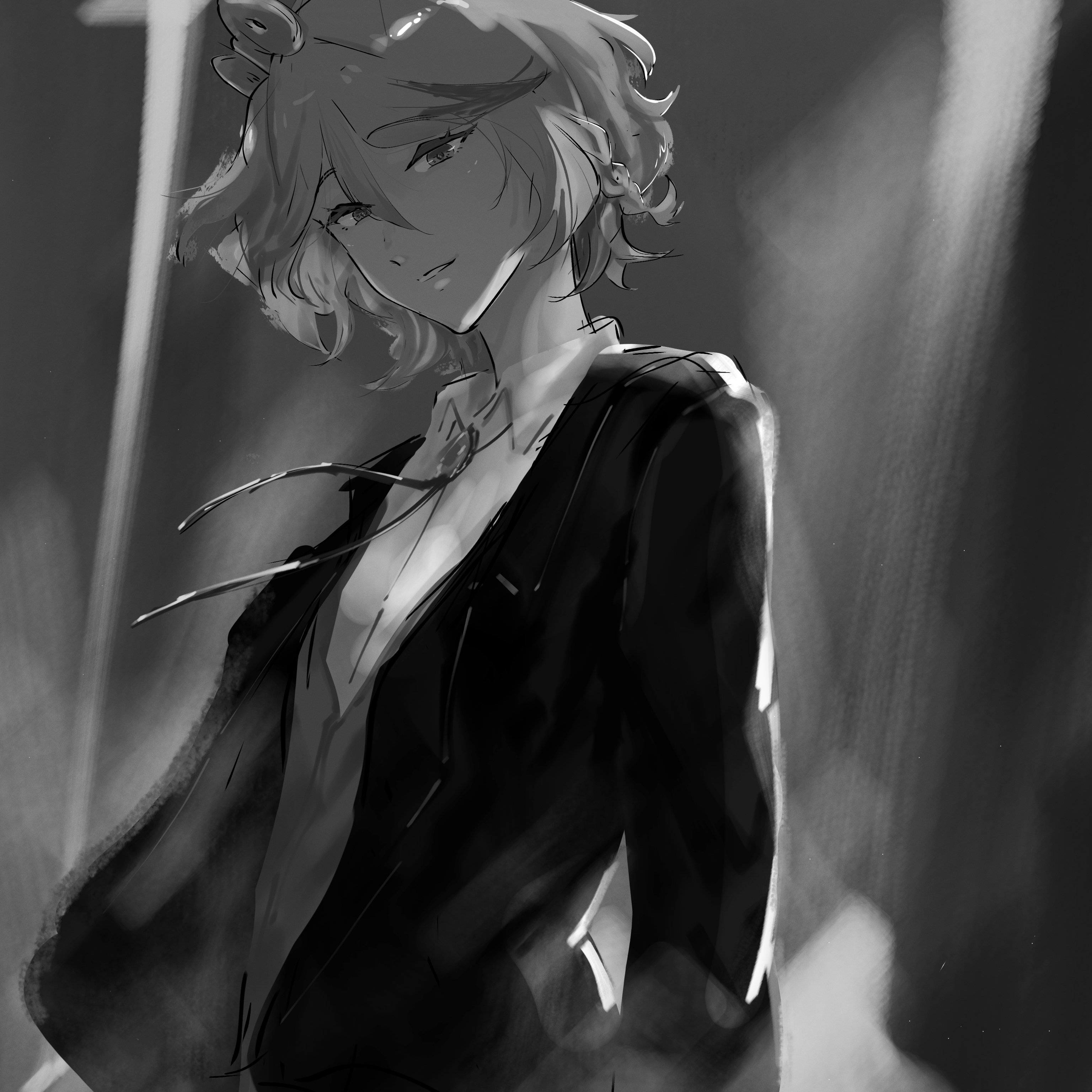 marii (mmmmmarii ), cecilia immergreen, hololive, hololive english, absurdres, highres, 1girl, closed mouth, collared shirt, greyscale, hair between eyes, jacket, looking at viewer, medium hair, monochrome, shirt, solo, suit jacket, vest, virtual youtuber, winding key