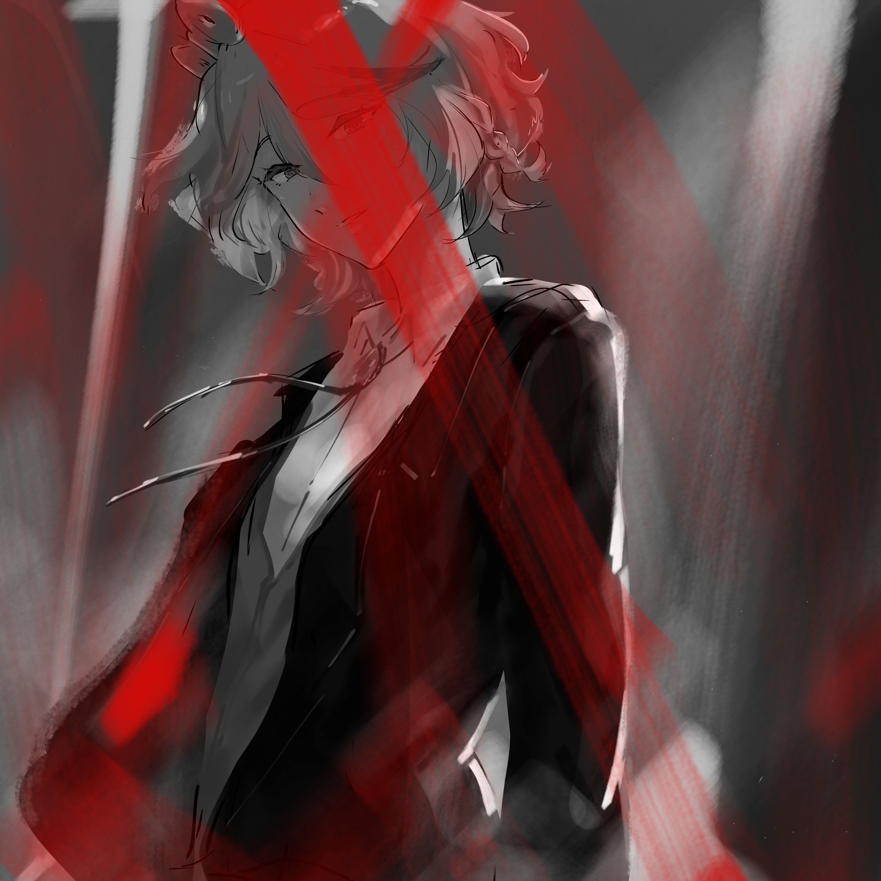 marii (mmmmmarii ), cecilia immergreen, hololive, hololive english, absurdres, commentary, highres, symbol-only commentary, 1girl, closed mouth, collared shirt, hair between eyes, jacket, looking at viewer, medium hair, shirt, solo, suit jacket, vest, virtual youtuber, winding key